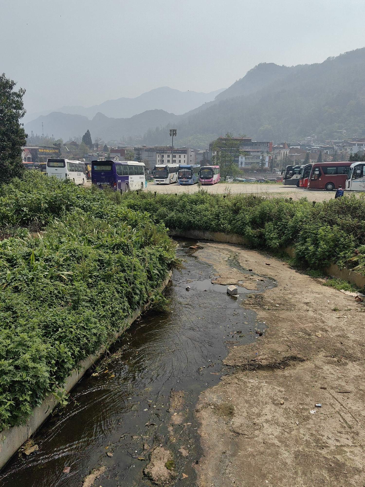 The image captures a scene in the city of Sa Pa, Vietnam, encompassing natural, urban, and transportation elements under a hazy sky.
In the immediate foreground, a concrete-lined drainage ditch or small channel originates from the lower-left, extending towards the center and slightly curving to the right. This channel contains dark, murky water with visible debris such as leaves and various refuse. The water level appears low, exposing some dark, muddy sediment on the channel bed. The left bank of the channel is densely overgrown with lush, green, leafy vegetation. To the right of the channel, a light brown, uneven dirt or compacted earth path is present, showing darker, damp areas and scattered small detritus. A cuboid concrete block is visible within the channel's water near the path.
The midground is occupied by a large outdoor parking area filled with numerous tour buses. These buses display a variety of colors, including white (some marked with "HAI VAN" in Vietnamese text), purple (featuring Korean script, "하나투어"), pink, red, and blue. They are parked facing various directions. Beyond the bus lot, several multi-story buildings are visible, forming part of a town, with one structure bearing a sign that reads "NHA HANG SAPATUY". A single individual is discernible on the far right of the bus lot, partially obscured by vegetation, standing near a red bus. This person is wearing a blue top and darker lower garments, facing away from the camera. A tall utility pole with multiple light fixtures stands within the bus parking area.
The background consists of multiple successive ridges of hazy, forested mountains that stretch across the horizon. The sky is a uniform, light grey, indicating atmospheric haze or an overcast condition.