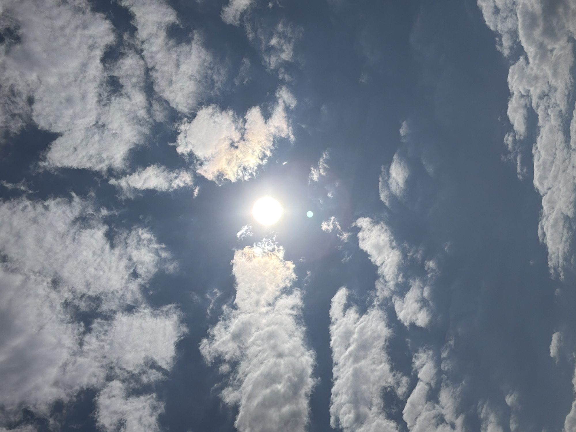 The image displays a vibrant daytime sky dominated by an expansive arrangement of clouds and the prominent sun. The perspective is directed upwards, with the sun centrally located, emitting a brilliant glare and distinct lens flare, characteristic of a bright, sunny day.
The sky features a mix of cloud types against a deep blue-grey backdrop. Some clouds appear wispy and scattered, possibly cirrus or cirrocumulus, while others are denser, more defined, and vertically elongated, resembling cumulus or altocumulus formations. A notable detail is the subtle iridescence visible in some of the thinner clouds immediately surrounding the sun, where hints of rainbow colors appear due to light diffraction.
Clouds are distributed across the entire frame, creating a dynamic interplay of light and shadow, with bright white clouds contrasted against darker, more shadowed sections. Patches of clear blue sky are visible between the cloud formations. There is no discernible activity or specific event taking place. No people, man-made objects, or visible text are present in the image. Given the bright sun and clear sky in parts, it appears to be midday. The provided context indicates the image was captured in Прикамский, Russia.