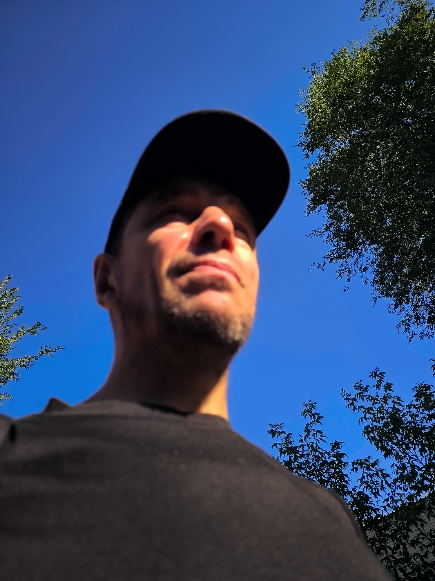 A man wearing a black baseball cap and a black t-shirt is captured from a low angle, looking up into a clear blue sky. Sunlight illuminates the right side of his face, highlighting his nose, cheek, and beard stubble. The man's face is in sharp focus, while the background is blurred. In the upper right and left corners of the image, the green foliage of trees is visible against the bright sky. The scene appears to be outdoors, possibly in a park or residential area, given the presence of trees. There is no visible indication of the Qarağandı city administration.