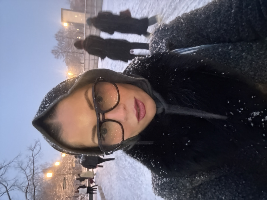 A selfie captures a person in a snowy outdoor setting. They wear a dark, textured coat with a hood up, eyeglasses with snowflakes clinging to the lenses. The background shows a snowy landscape with other people walking, illuminated by streetlights. The sky is a pale blue. Snowflakes are visible on the person's clothing and hair, highlighting the winter environment.