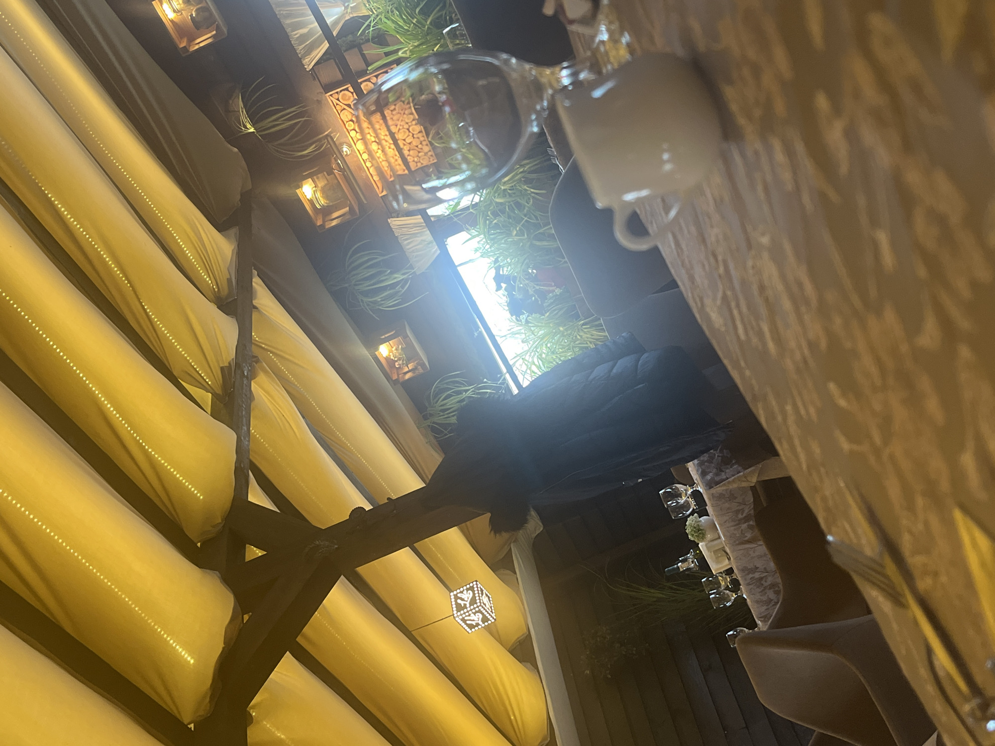 The image depicts a restaurant setting, possibly in Sofia, Bulgaria. The scene is captured from an unusual angle. There are tables set with glassware and tableware. One table is covered with a light-colored tablecloth. There are chairs visible. Overhead, there's an architectural structure featuring a series of evenly spaced inflatable tubes, illuminated by warm, string lights. Plant life, including leafy green plants, is present, adding a touch of nature to the indoor or outdoor setting. A dark-colored coat or jacket is draped over one of the chairs.