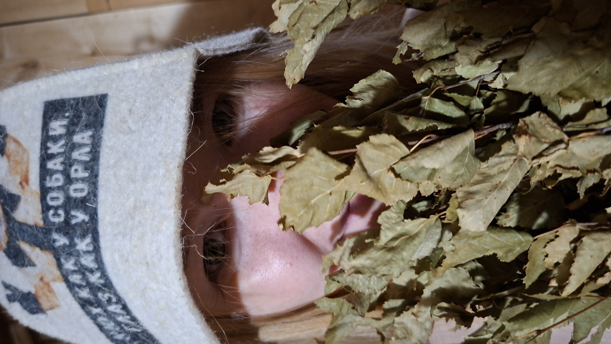 A person with light-colored hair, wearing a white hat with text and images, is partially obscured by a bunch of dried leaves. The hat has text in a foreign language and depictions of animals. The person's eyes are visible, and their skin appears fair. The background consists of a wooden wall, suggesting an indoor environment. The overall scene is a close-up shot focused on the person's face and the foliage. This image does not depict any recognizable landmarks or specific locations within the city of Большой Букор, Russia.