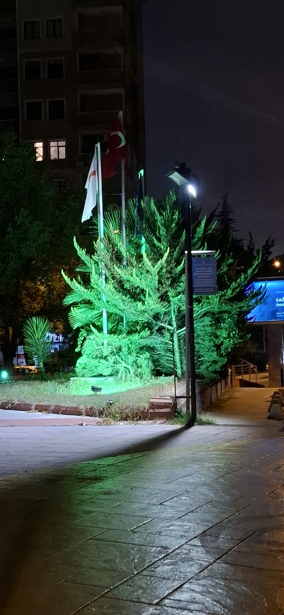 At night in Kadıköy, Turkey, a streetlight illuminates a cluster of trees and a paved walkway with a vibrant green light. In the background, a multi-story building with numerous dark windows stands. A Turkish flag and another white flag are visible on flagpoles in front of the building. A large, illuminated billboard displaying text in Turkish is situated to the right of the scene. The ground in the foreground is a textured, light-colored paving material, with a distinct shadow cast by the streetlight across it. Some of the foliage appears to be illuminated with a similar green light, suggesting the presence of uplighting.