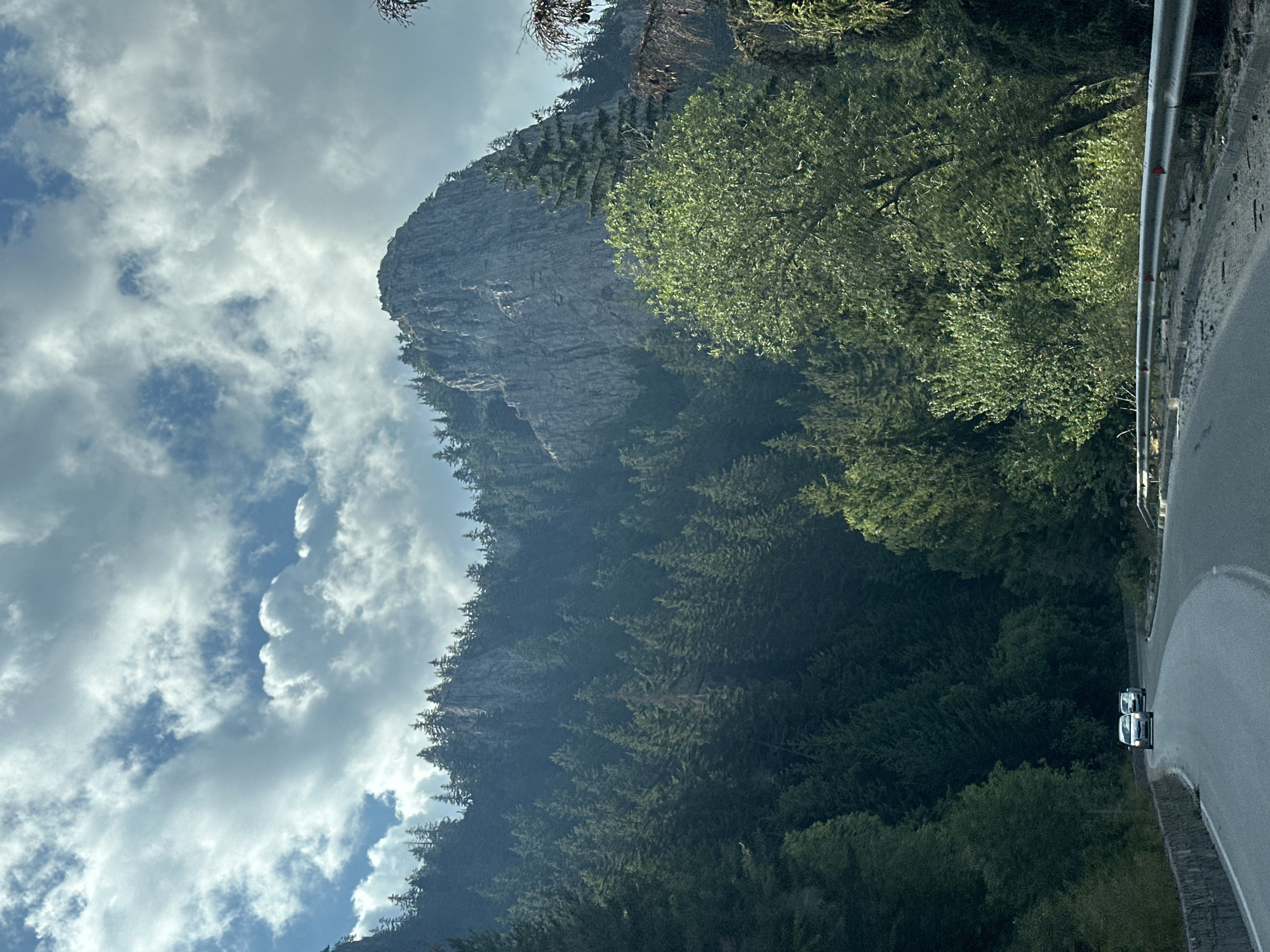 A winding asphalt road curves through a dense evergreen forest on a mountain slope under a cloudy sky. Two white cars are traveling away from the viewer on the road. A sheer rock face, topped with evergreen trees, dominates the upper right portion of the image. The mountain foliage is lush and green, with sunlight filtering through the clouds in places. The scene appears to be along the road leading to the Rhodope Mountains, near the city of Smolyan, Bulgaria.