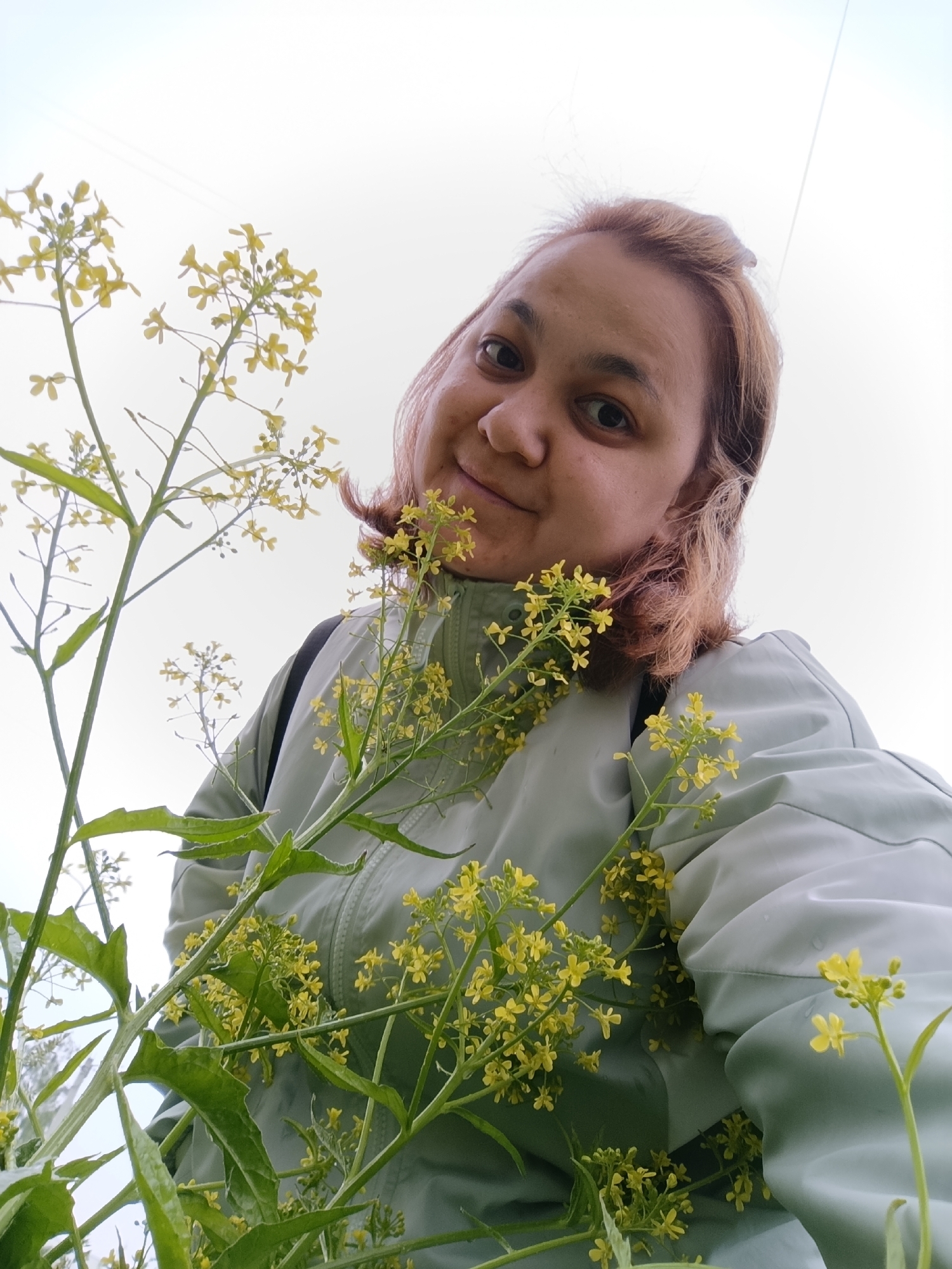 An outdoor portrait captured from a low angle shows a woman smiling gently, positioned amidst numerous tall, flowering plants. The woman has fair skin, dark eyes, and light brown or blonde hair, styled loosely with some strands framing her face. She wears a light-colored jacket, possibly pale grey or light blue-green, which appears to be a windbreaker or rain jacket.
The foreground and midground are filled with vibrant green stems and leaves, topped by clusters of small, bright yellow flowers, indicative of a plant like canola or wild mustard. These plants appear to surround the woman, rising above the camera's perspective. The bright, diffused light in the background suggests an overcast sky, characteristic of cloudy daytime weather, possibly late morning or afternoon. A faint, thin dark line, possibly a utility wire or distant branch, is visible against the bright sky in the upper right.
The woman's expression is calm and pleasant, with a subtle smile. The setting appears to be a natural outdoor environment, such as a field or meadow, consistent with the location context of Chaikovsky, Russia. There is no visible text in the image.