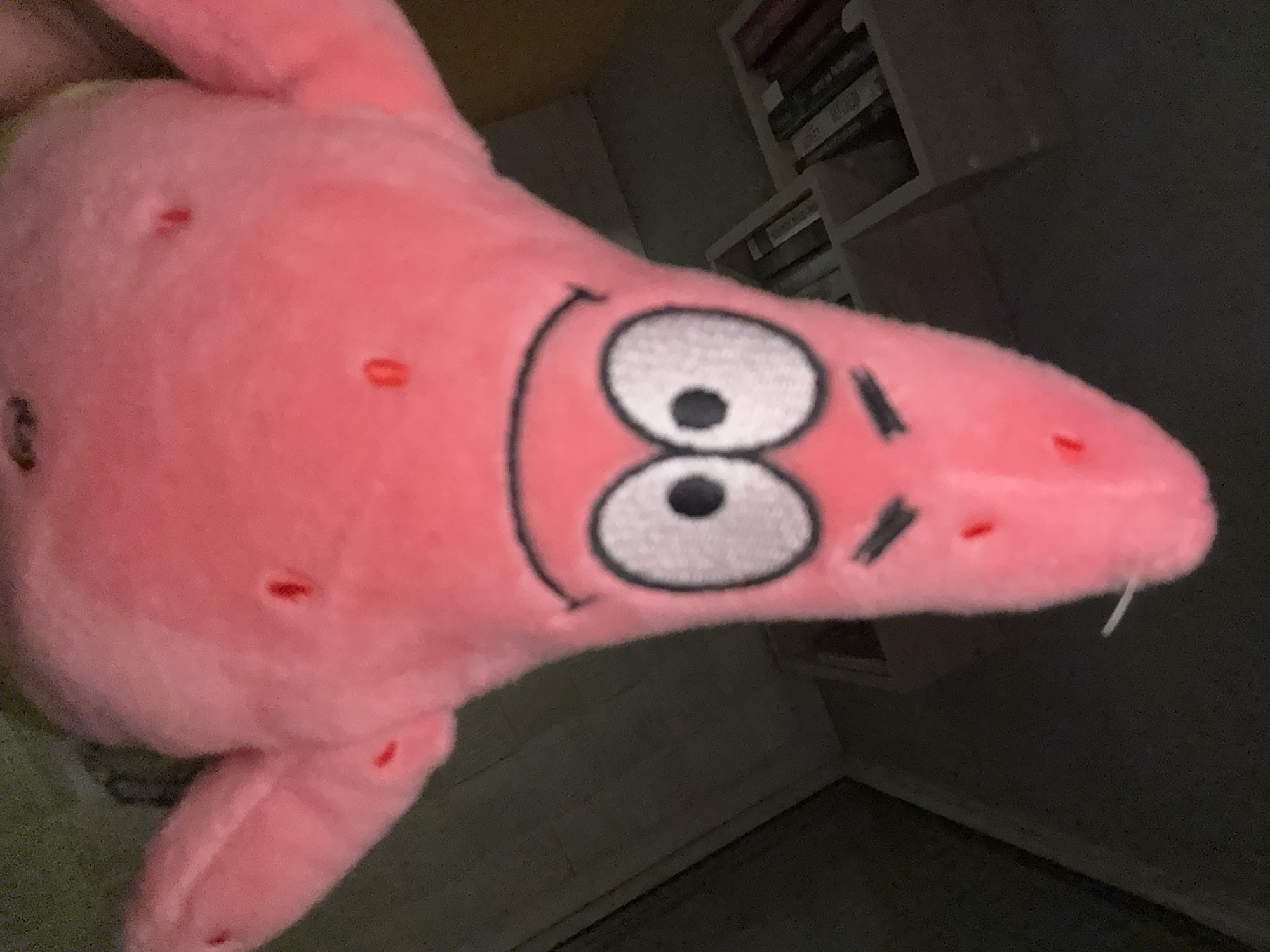 The image features a plush toy of Patrick Star, a character from SpongeBob SquarePants. The toy is predominantly pink, star-shaped, and positioned horizontally across the frame, slightly tilted. Its face, located on the right side, displays large white eyes with black pupils and a wide, embroidered black smile, conveying a cheerful expression. Several small red embroidered spots are scattered across the toy's pink surface.
The background is dark, blurry, and out of focus, indicating an indoor setting. On the right side, a faint, light-colored bookshelf filled with books is visible, suggesting a room within a home or office. The rest of the background, including what appears to be a wall and floor, is a dark grey or black tone with minimal detail.
The overall lighting is dim, though the toy itself is adequately illuminated, making its features discernible against the darker backdrop. There is no specific activity or event taking place; the image captures a static object. No discernible text is present in the image. Due to the indoor setting and lack of specific visual indicators, neither the time of day nor any external weather conditions can be determined, and there are no visual cues to confirm the location as Panagyurishte, Bulgaria.