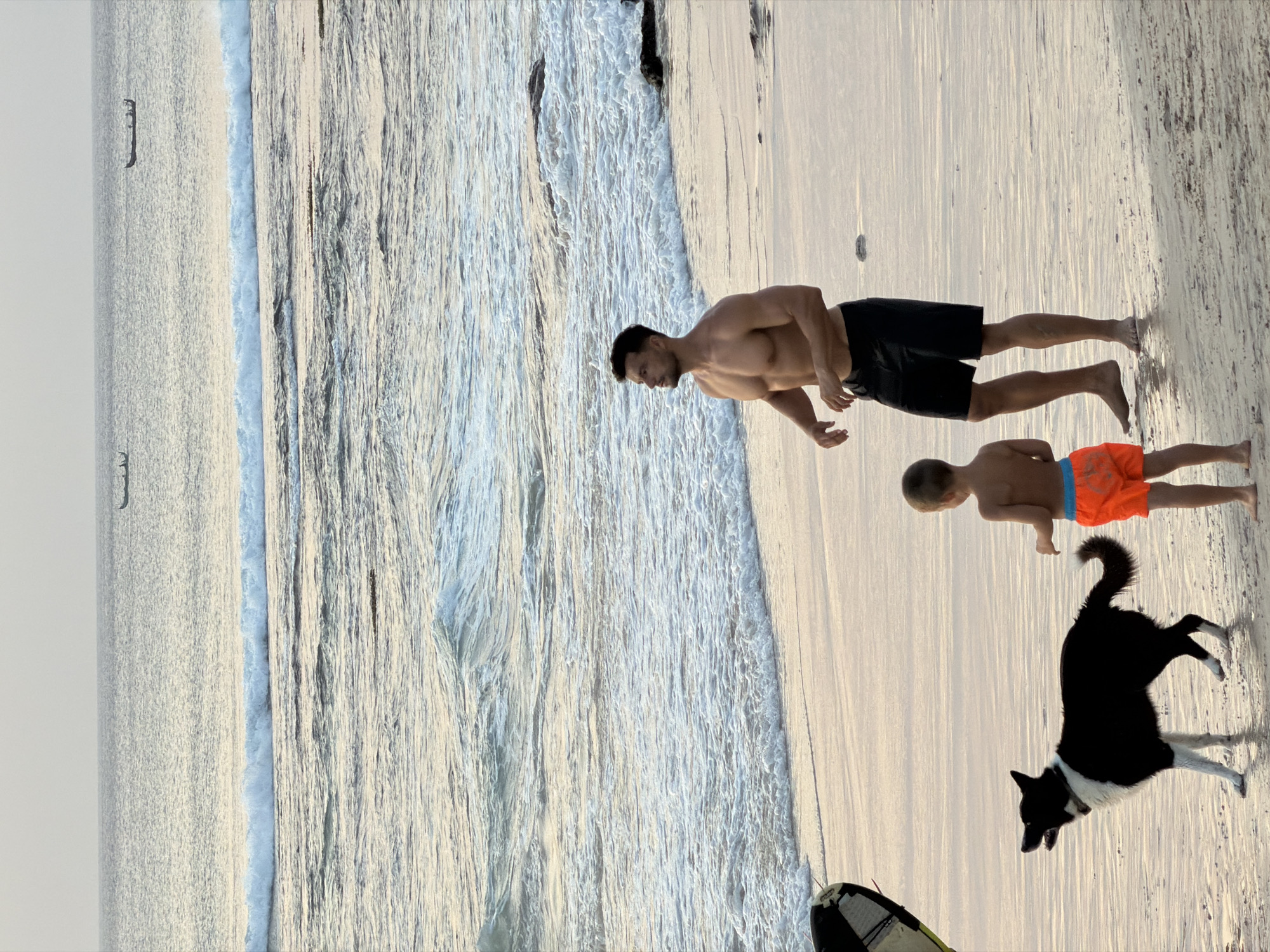 This is a full-frame, eye-level shot of a beach scene in Kuta Selatan, Indonesia, at dusk. In the foreground, a black and white border collie dog faces left with its mouth open. To its right stands a young boy in orange swim trunks, facing away from the camera. Further to the right and slightly behind the boy is a man with a muscular physique, wearing black swim trunks. He is looking to the left with his hands down. The beach is wet sand reflecting the soft light. In the mid-ground, the ocean has gentle waves breaking onto the shore, with white foam. In the background, the ocean extends to the horizon under a pale sky. Two small, dark boats are visible on the water in the distance.