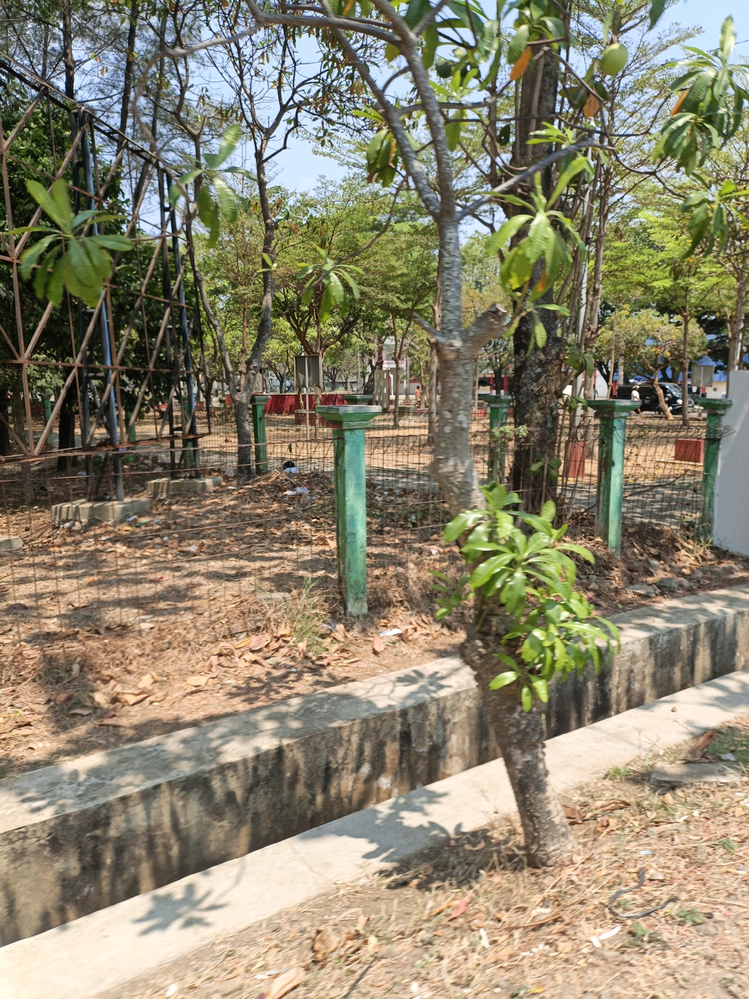 In Jobokuto, Indonesia, this image captures a scene in an outdoor area with dry, brown earth and scattered leaves. A metal fence with green posts runs through the middle ground. Beyond the fence, several trees with green foliage and some dead leaves are visible. A concrete drainage ditch runs along the bottom of the image. In the background, more trees form a dense canopy, and a black car is parked on what appears to be a paved surface. The sky is clear and blue.
