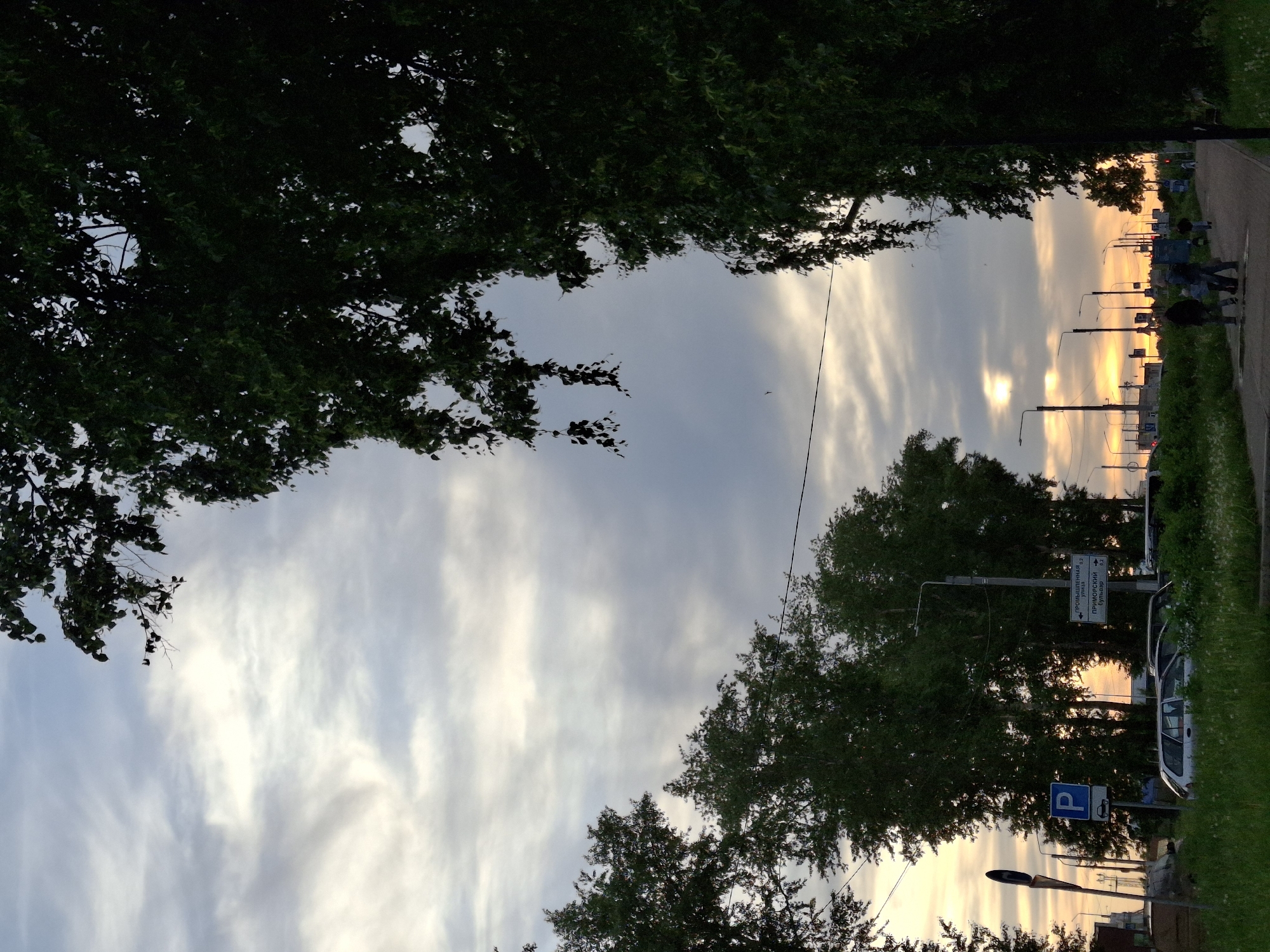 The image captures an evening view in Chaikovsky, Russia, with the perspective looking along a tree-lined street toward the setting sun. Trees frame the view, with a cloudy sky dominating the upper part of the image. In the middle ground, streetlights line the right side of the road, where people are walking and sitting. Cars are parked along the roadside, indicated by a parking sign. Directional street signs are also visible. The overall environment suggests a residential area with elements of public infrastructure and human activity at dusk.