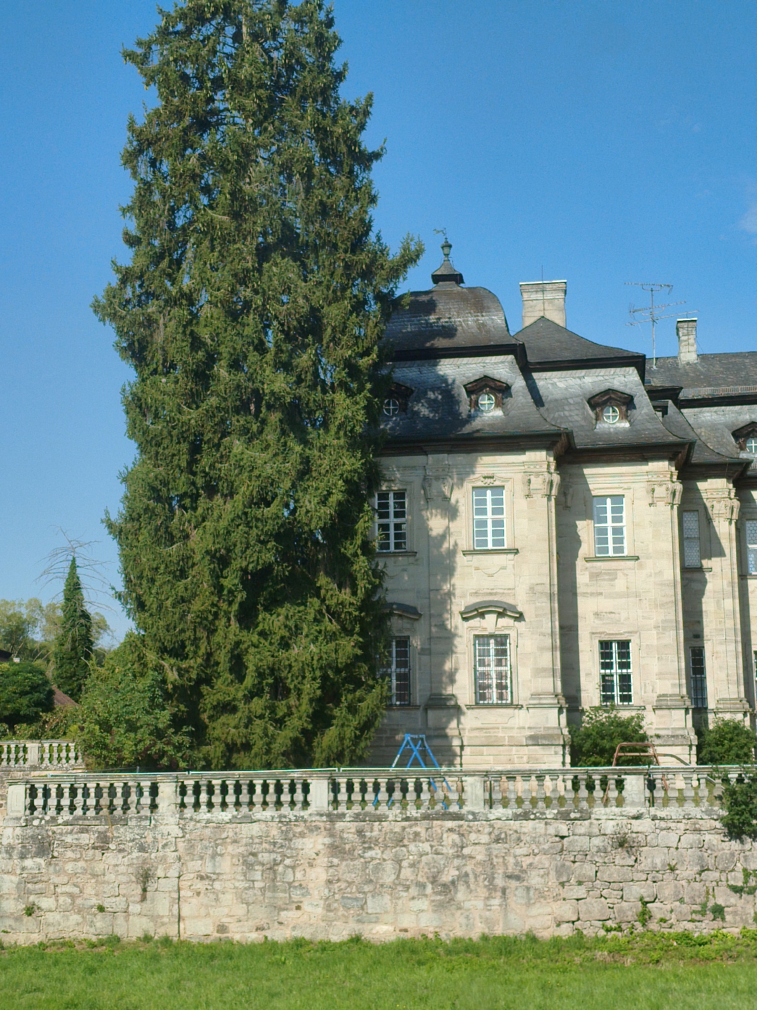 This image depicts the exterior of a large, multi-story stone building, likely a historical manor or castle, situated in Burgwindheim, Germany. The building features a gray, pitched roof with multiple gables and dormer windows. The facade is constructed of light-colored stone blocks, with numerous windows, some of which are white-paned and others with darker frames. Decorative architectural elements, such as pilasters and cornices, are visible on the facade.

In the foreground, a low, weathered stone wall runs horizontally across the image, topped by a decorative balustrade. Beyond this wall, a vibrant green grassy area is visible, suggesting a park or lawn. To the left of the building, a very tall, dense evergreen tree dominates the frame, its dark green foliage contrasting with the clear blue sky. Behind the balustrade, near the building's base, a blue A-frame structure, possibly a child's toy or a piece of playground equipment, is present. A few bushes and trees are also interspersed within the scene, adding to the natural setting. The overall atmosphere is serene and appears to be a sunny day.