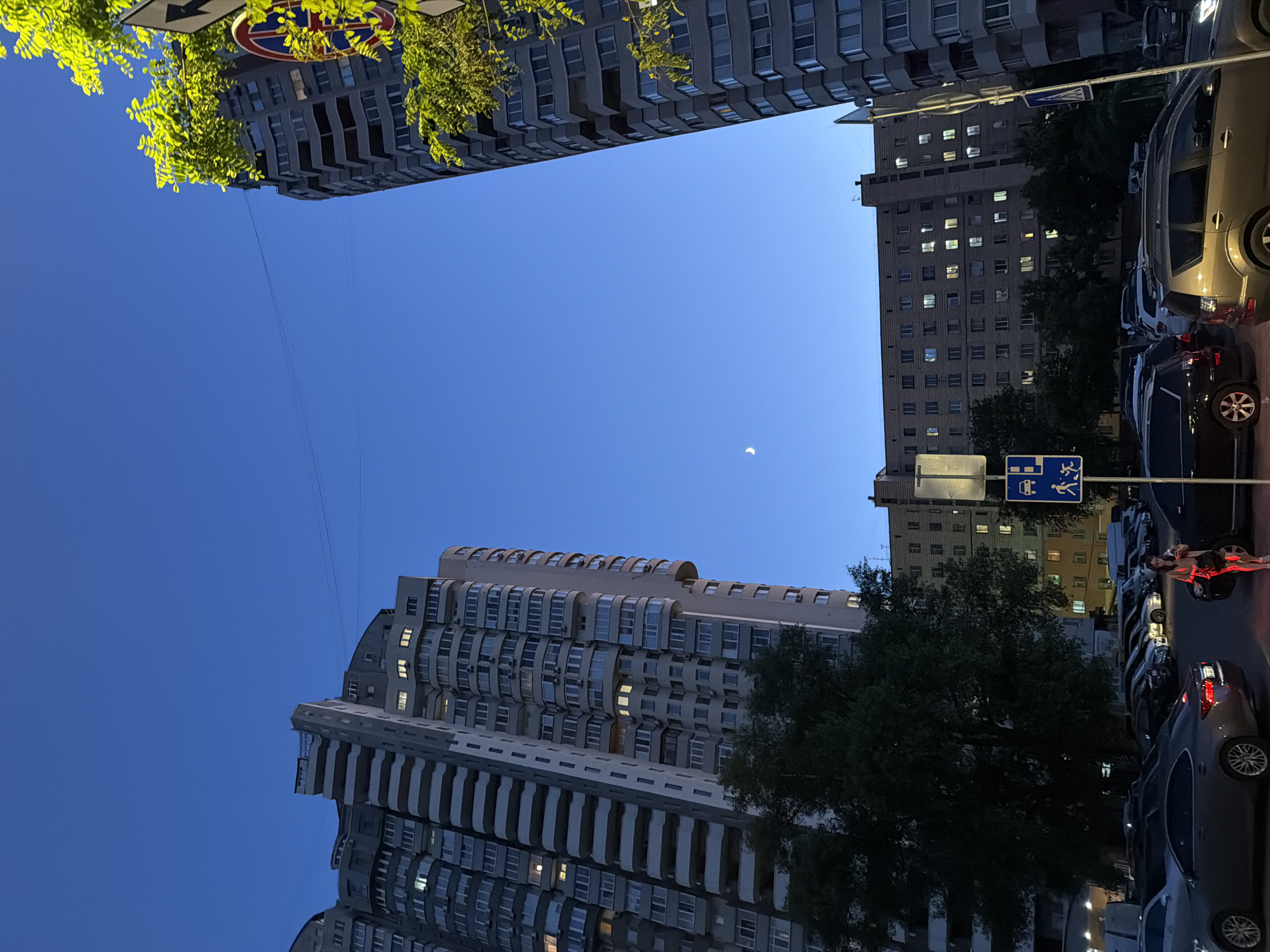 The image captures a twilight scene in Kyiv, Ukraine, with a clear blue sky transitioning from dusk. Two tall residential buildings dominate the frame, one on the left and another on the right. The building on the left is a light-colored, curved structure with numerous balconies and lit windows, suggesting occupied apartments. The building on the right is a darker, angular high-rise, also with many windows, some of which are illuminated. Between these two structures, a lower, rectangular residential building with many windows is visible, with a cluster of trees in front of it. A faint crescent moon is visible in the upper portion of the sky.
In the foreground, a parking lot is filled with various cars, mostly sedans and SUVs. A young woman with sunglasses and a light-colored top and dark shorts is standing near a black sedan, holding a phone and a bag. She appears to be walking or pausing in the parking lot. Several traffic signs are present, including a blue sign with a white pictogram depicting a person walking and a car, indicating pedestrian or traffic rules. Green foliage from trees is visible, particularly on the right side of the image, with some leaves brightly illuminated by sunlight, contrasting with the twilight ambiance of the rest of the scene. The overall impression is an urban residential area at the end of the day.
