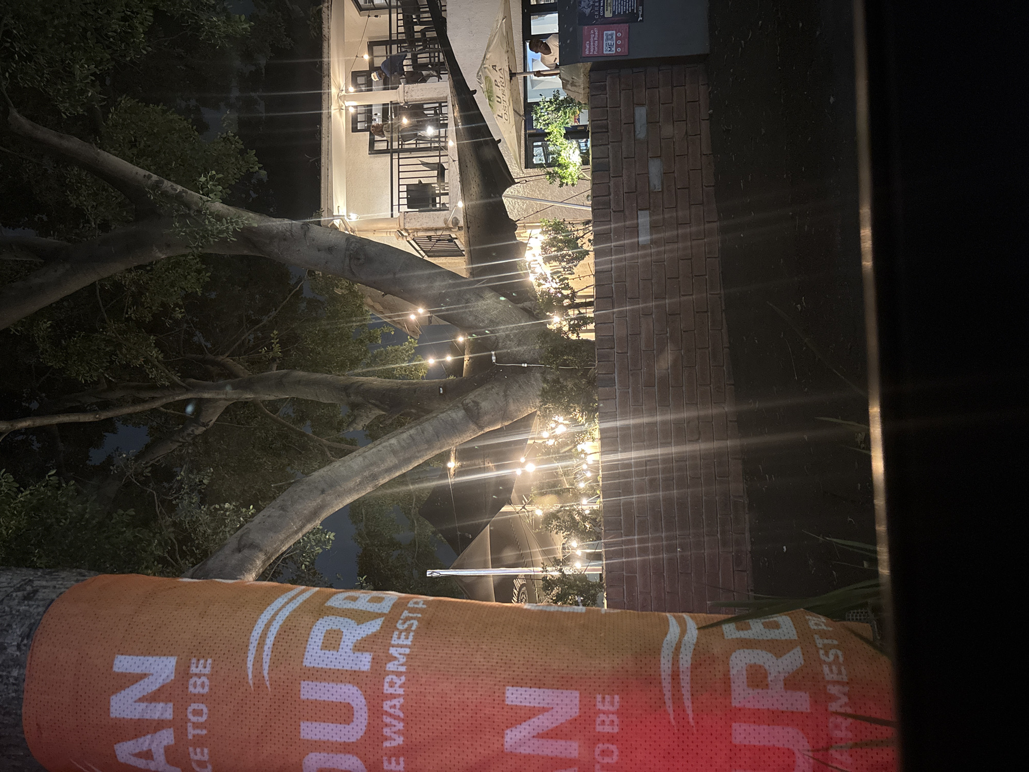 The image shows an outdoor setting, likely at night, with a view of a building with balconies and hanging lights. Trees with large branches stretch across the foreground and middle ground. A blurred banner is visible in the lower portion of the image, with text partially readable as "DURBAN, A PLACE TO BE". The banner partially obscures the view of the building and surrounding scene. The building appears to be a restaurant. The hanging lights add illumination to the area, creating a festive atmosphere. People can be seen on the restaurant's balconies. The location appears to be Florida Road in Durban, South Africa, based on the banner and the sign for a restaurant called "LUPA OSTERIA" being visible in the background.