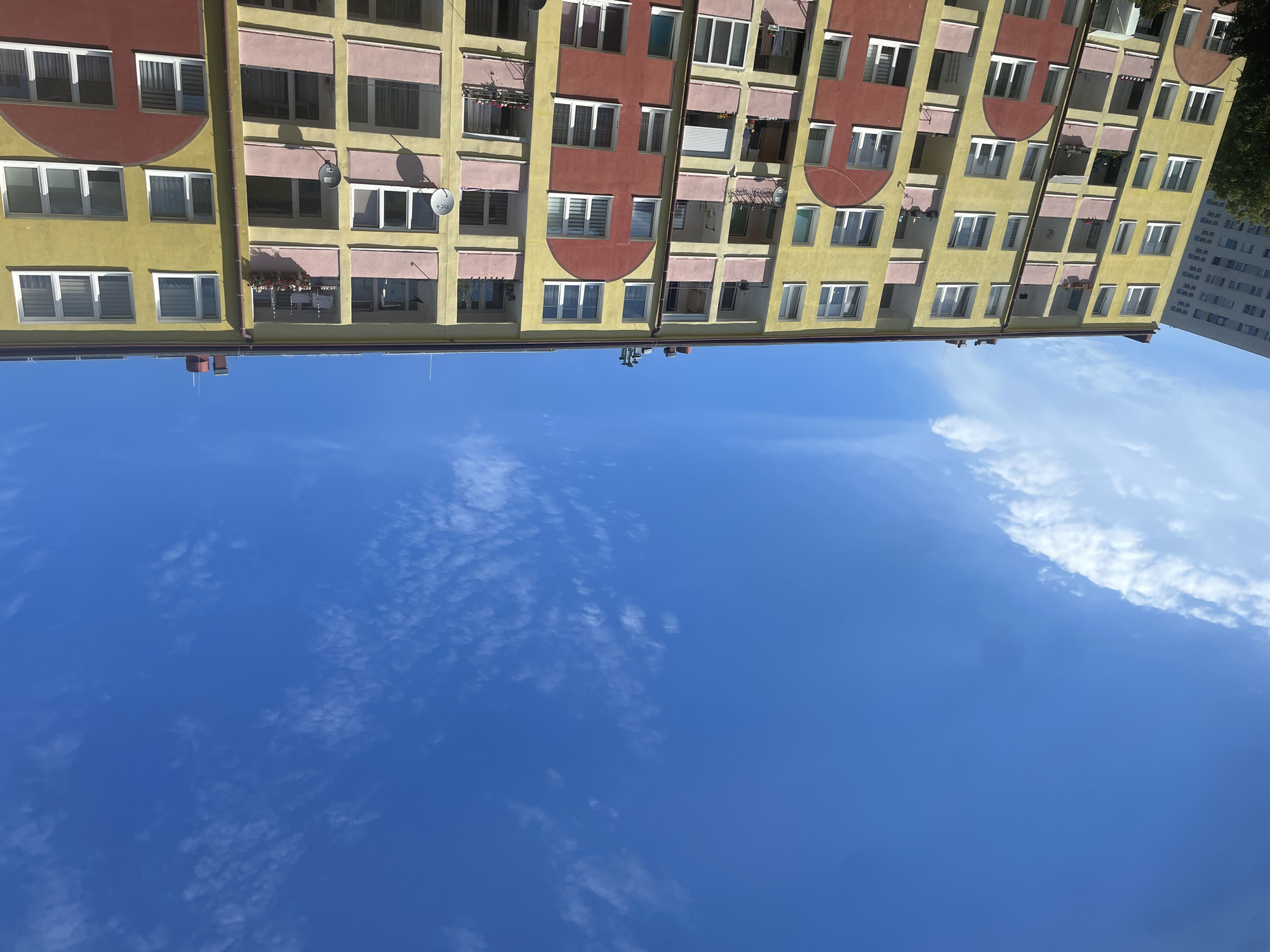 The image shows a multi-story apartment building in Kołobrzeg, Poland, under a bright blue sky with scattered white clouds. The building's facade is primarily yellow with sections of red. It has multiple balconies with pink railings and numerous windows. Satellite dishes are visible on some balconies. To the left of the main building, a portion of another, lighter-colored apartment building can be seen, along with some greenery from trees. The scene appears to be a daytime shot, likely taken from a slightly elevated position. There are no people visible in the frame.