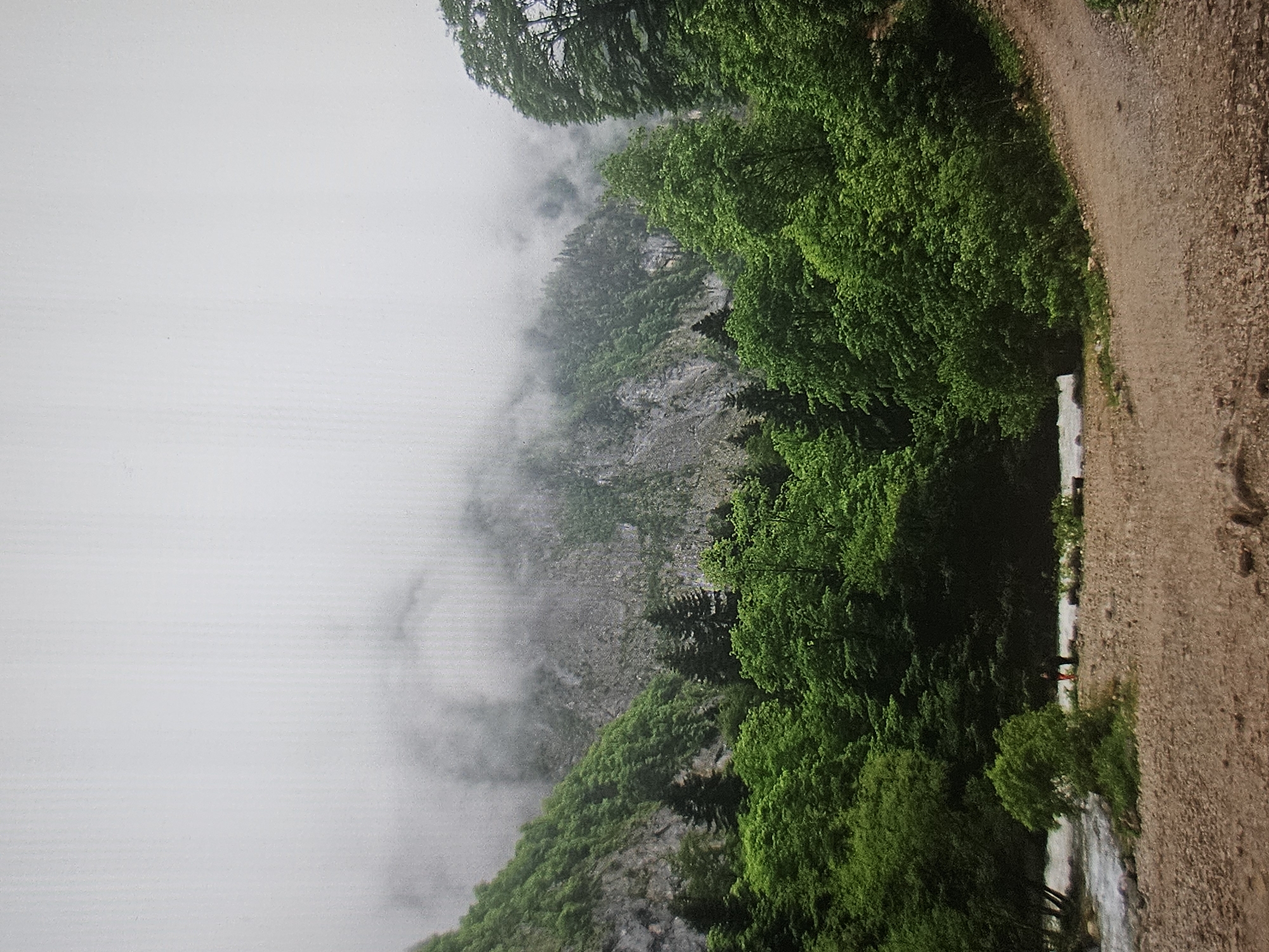 The image depicts a misty mountain landscape with lush green vegetation. A river flows in the foreground, bordered by a gravel path. In the distance, steep, rocky mountains are partially obscured by fog. Dense trees and foliage cover the lower slopes and surround the river. There are no discernible elements that place this scene within the city of Astana, Kazakhstan.