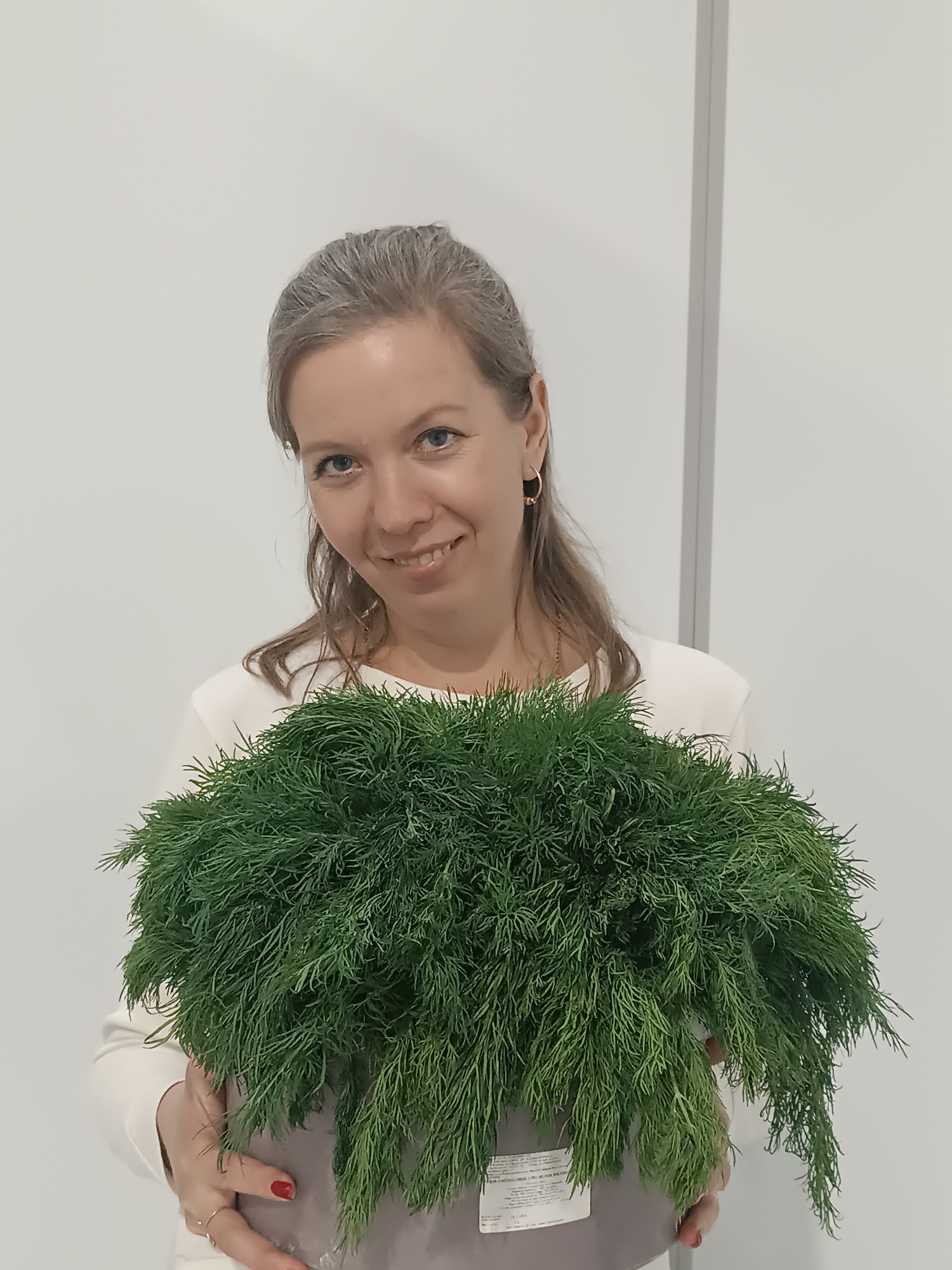 A medium shot depicts a smiling woman holding a pot of lush green dill. She has fair skin, blue eyes, and light brown hair pulled back with some strands framing her face. She wears a simple white long-sleeved shirt. Her hands are visible holding the pot, and she has red nail polish. The pot appears to be gray and has a label on it. The background is a plain white wall. There is no information available to confirm the location is in Chaikovsky, Russia.