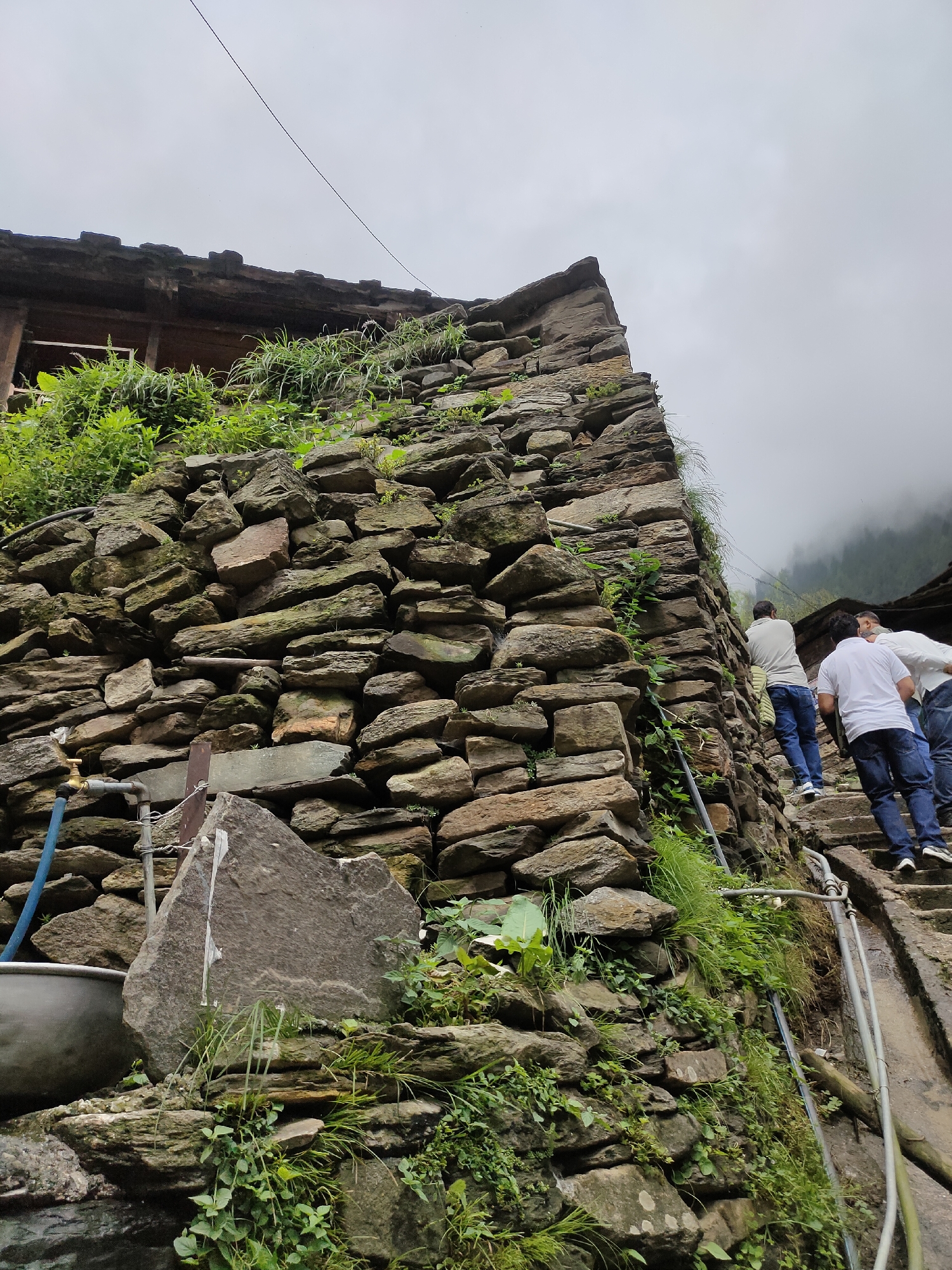 The image captures a side view of a rustic stone structure with people ascending a stone staircase. The structure, built from rough-hewn, irregularly shaped stones, is partially overgrown with lush green vegetation. A metallic pipe with a faucet is visible on the left side of the structure, connected to a blue hose that leads to a large metal basin. The sky is overcast and a thin black wire stretches across the top of the frame.
Three individuals are seen on the stone staircase, moving upwards. The person in the foreground is wearing a white t-shirt and dark blue jeans. The person behind them is wearing a light-colored shirt and dark blue jeans. The third individual, further up the stairs, is wearing a white shirt and dark blue jeans. The staircase is integrated into the rocky terrain, with water pipes running alongside it. In the background, the mist-shrouded hills suggest a mountainous or hilly environment. The architectural style and natural surroundings are consistent with the village of Damadi in India, known for its traditional stone constructions and natural beauty.