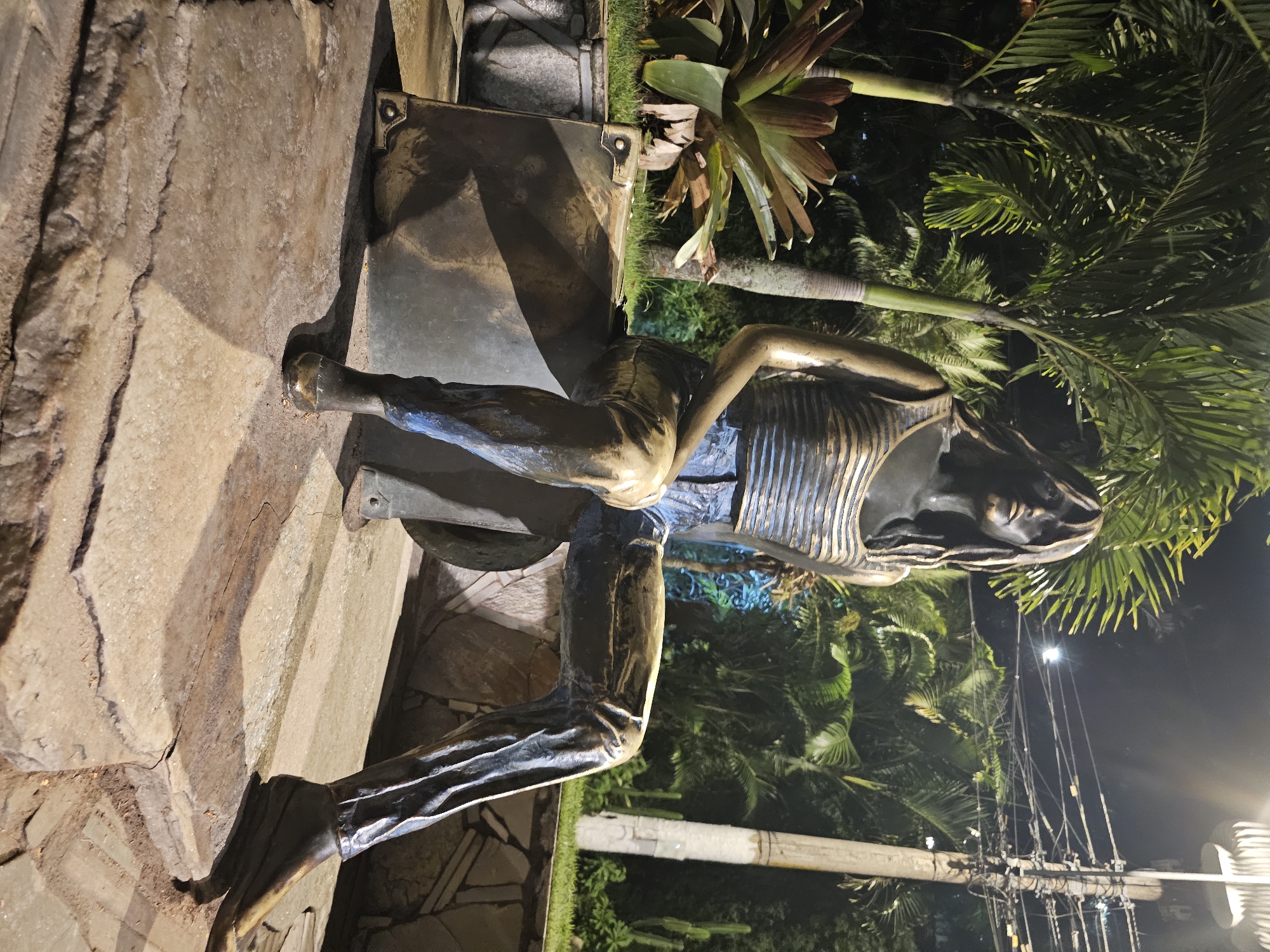 The image shows a bronze statue of a seated person, likely a woman, with trees and vegetation visible in the background. The statue appears to be resting against a large suitcase-shaped object. The location appears to be outdoors at night, in Armação Dos Búzios, Brazil.