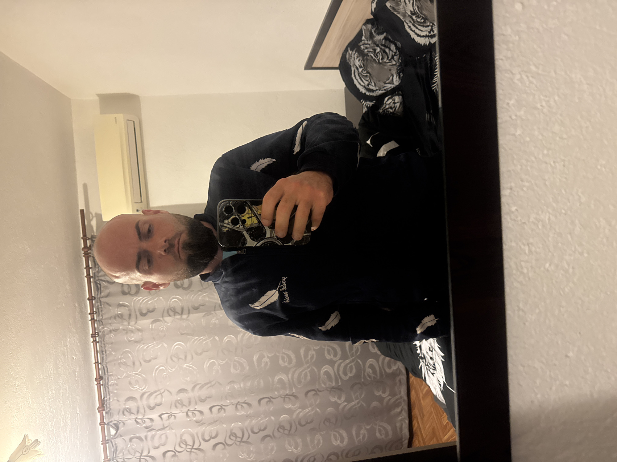 A bald, light-skinned man with a beard holds a phone in front of a mirror. He wears a dark blue hooded sweatshirt with white feather patterns and the words "never stop" printed on it. Reflected in the mirror are patterned curtains, a wall-mounted air conditioner, and bedding with a tiger design. The photograph appears to be taken in a bedroom. No information about the specific location of Sarnevo, Bulgaria can be determined from the image.