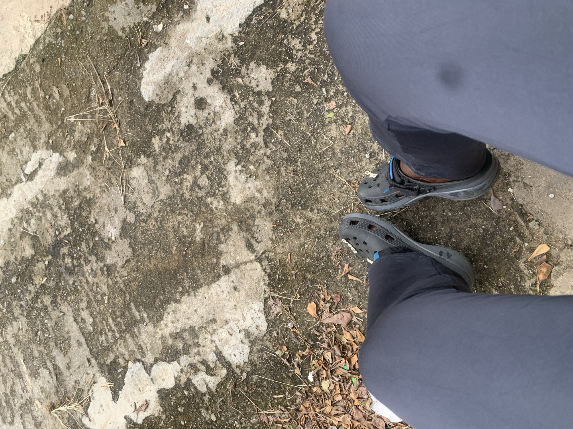 A close-up, overhead shot shows a person's legs and feet from the knees down. The person is wearing dark grey pants and black Crocs with blue accents. The Crocs are positioned on a textured concrete surface with patches of moss and dirt, surrounded by scattered dry leaves and twigs. The concrete appears weathered and worn, with some lighter-colored patches, suggesting an outdoor environment. The scene is devoid of any prominent landmarks that would definitively place it in Abuja, Nigeria, though the overall appearance of the ground is consistent with urban outdoor areas.