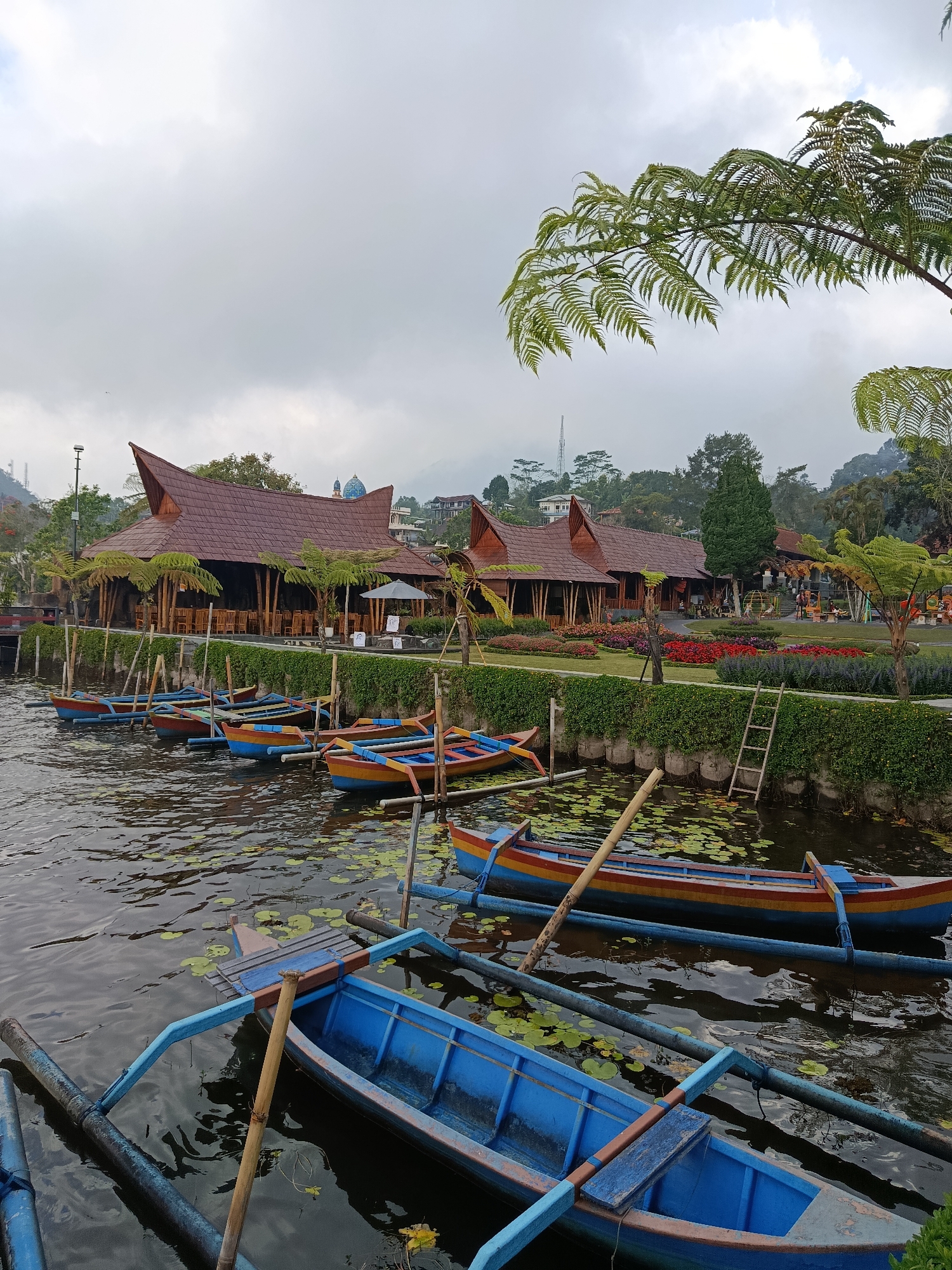 The image depicts a scenic view of a lakeside resort in Baturiti, Indonesia, likely a tourist attraction. In the foreground, several colorful wooden boats, painted in shades of blue, yellow, and red, are moored on the calm water. Some of these boats are empty, while others have oars resting within them. Lily pads dot the surface of the water, adding to the natural beauty of the scene.
Behind the boats, a lush green embankment is visible, topped with a low hedge. A wooden ladder leans against the embankment, suggesting easy access to the water. Beyond the embankment, a series of traditional Indonesian-style buildings with prominent, steeply pitched brown roofs are arranged. These buildings appear to house restaurants or cafes, with outdoor seating visible through their open fronts, furnished with wooden chairs and tables. Palm trees and other tropical foliage are interspersed around the buildings and along the shoreline, contributing to the tropical ambiance.
In the background, rolling hills covered in greenery and scattered houses suggest the presence of a larger settlement or a mountainous landscape surrounding the resort. The sky is overcast with thick, gray clouds, indicating a potentially damp or cloudy day. The overall impression is one of a tranquil and inviting destination for relaxation and recreation, showcasing local architecture and natural beauty.