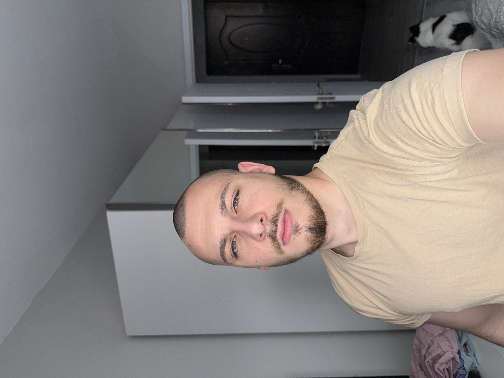 A frontal portrait shot shows an adult male in an indoor domestic setting. The subject, a light-skinned male, features a closely shaved head and a reddish-brown full beard and mustache. His green-hazel eyes are directed towards the camera. He wears a plain, short-sleeved, light beige t-shirt.
The background reveals a light gray wall on the left, adjacent to a light-colored two-door wardrobe. On the right, two light-colored interior doors are partially open, with a darker, paneled door, likely dark brown or black, also ajar further back, leading into a dimly lit area. In the lower right corner, a small, black and white animal, consistent with a domestic cat or dog, is seated with its back to the camera. The lower left foreground shows a surface partially covered by a pink blanket, possibly patterned with "Barbie" text. The ceiling is white. The specific location within the city of Stara Zagora, Bulgaria, cannot be determined from the visual evidence.