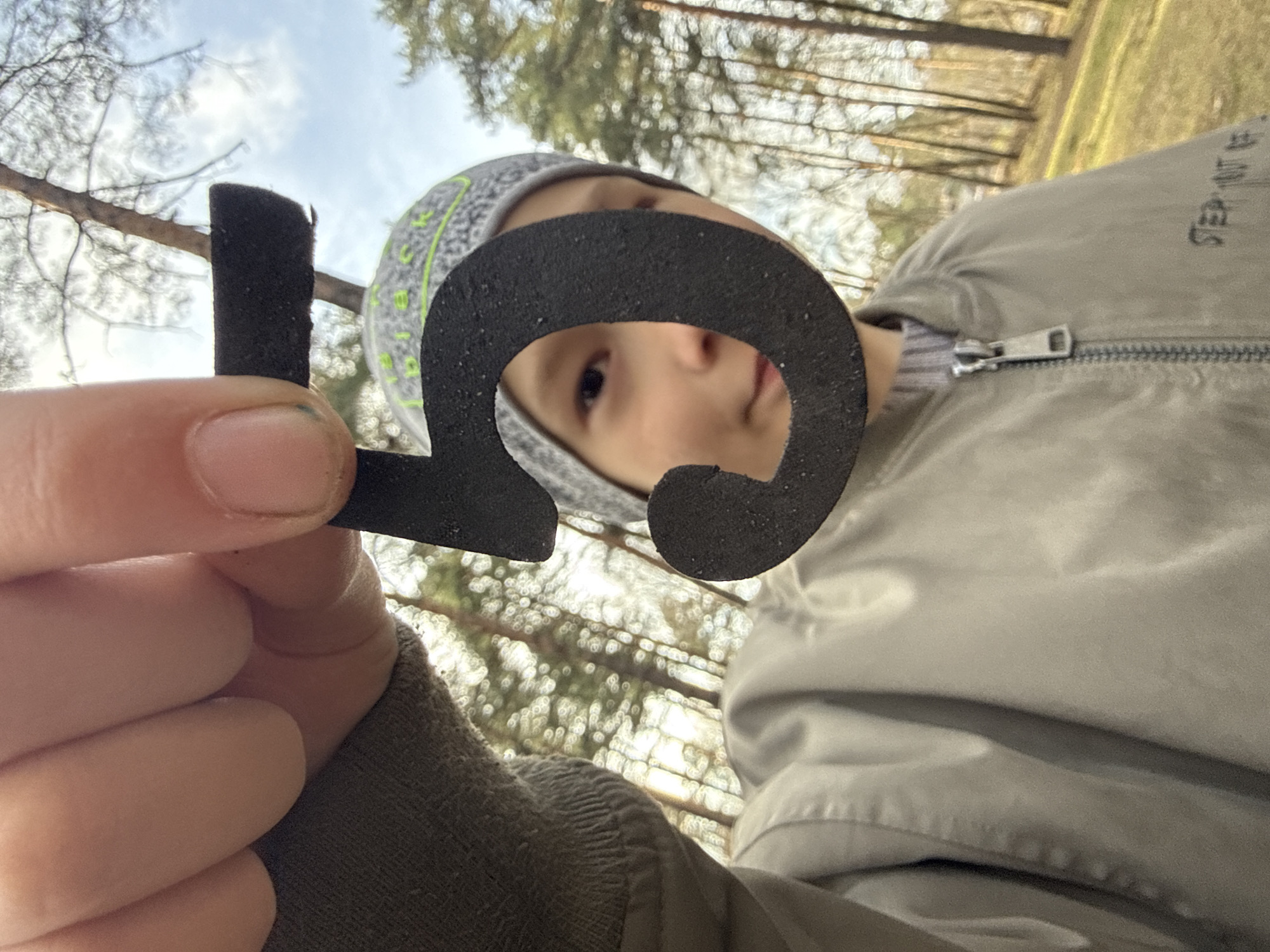 A close-up, upward-angled shot shows a person holding a black foam number "5" in their hand. The number partially obscures the face of a young child, who is wearing a gray and white patterned beanie. The child is wearing a gray jacket with a zipper visible. The background is slightly blurred, showing trees and a cloudy sky. Based on the context of the image being in Dmitrov, Russia, the location is likely a park or wooded area within the city.