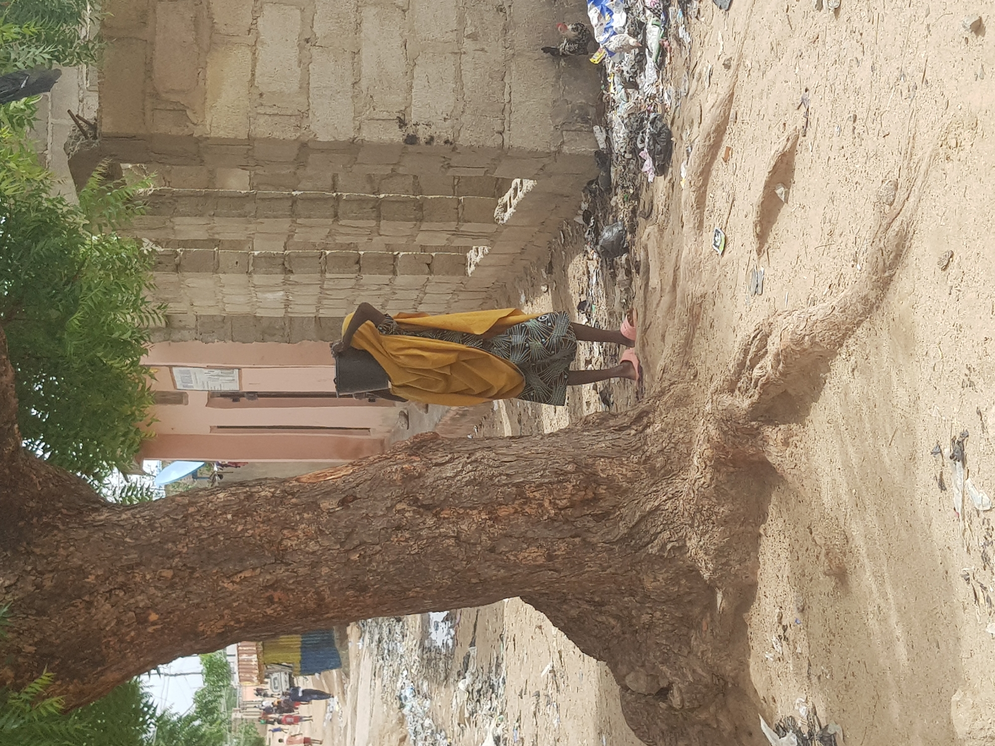 In Dabawa, Nigeria, an individual stands beside a large tree on a sandy terrain filled with scattered trash. The person wears a patterned dress, yellow shawl, and pink footwear. A building with exposed brick construction stands to the left. In the background, further structures and human activity are visible along a road. The foreground is dominated by the tree and surrounding sandy ground.