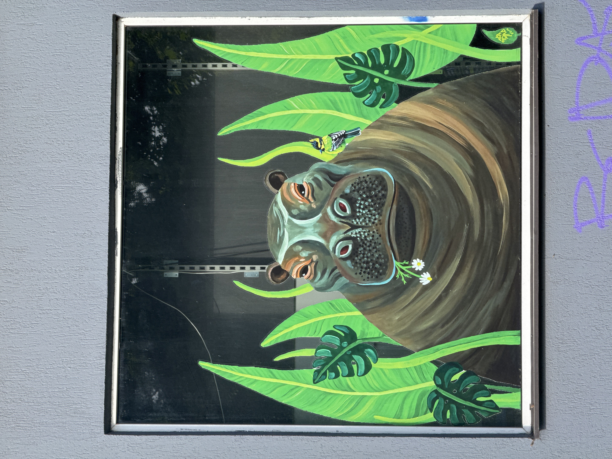 A square framed painting is affixed to a light gray wall, likely an exterior surface. The painting depicts a hippo surrounded by green tropical leaves. A small, colorful bird perches on the hippo's head, and the hippo holds a cluster of white daisies in its mouth. The background of the painting is dark, with hints of a structure and wires visible through the painted scene, suggesting the image is painted on a window. There is purple graffiti partially visible on the wall to the right of the painting. The details regarding the location in the city of Riga, Latvia, are unknown based on the image.