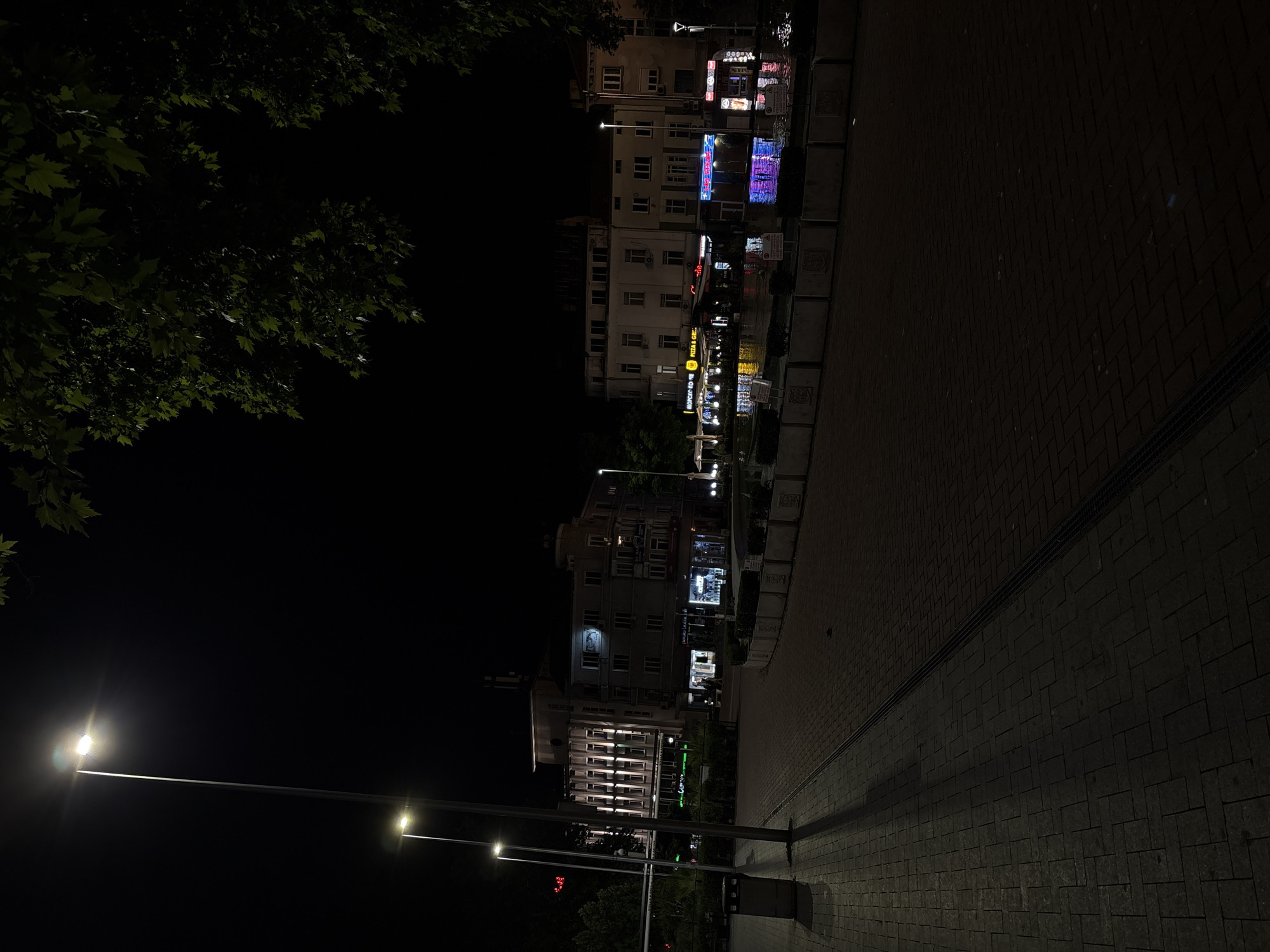 The image depicts a nighttime scene of a pedestrian square or plaza in Varna, Bulgaria. The environment is illuminated by artificial light sources, creating strong contrasts and long shadows.
In the foreground and extending into the mid-ground on the left, a paved surface composed of dark grey and reddish-brown rectangular pavers is visible. Three tall, slender streetlights with bright, modern LED fixtures stand along the left side, casting elongated shadows across the paving. A grey cylindrical public trash bin is positioned beneath the first streetlight. A narrow metal drainage grate runs parallel to the streetlights on the ground.
In the mid-ground, a series of multi-story urban buildings line the square. On the left, a light-colored building features numerous vertical strip lights on its upper facade. Below, a green illuminated sign and a sign reading "Corner" are visible, indicating commercial establishments. Adjacent to it, another multi-story building with a rounded corner on its right has several illuminated windows and a "SPORTMAX" sign at ground level. A single person is faintly discernible walking near these storefronts.
Further to the right in the mid-ground, a large, dark, reflective body of water, likely a fountain or shallow pool, mirrors the vibrant neon lights of the businesses lining its far edge. The reflections appear as elongated streaks of red, blue, and yellow light on the water's surface. Behind this water feature, more multi-story buildings house various businesses. Prominent illuminated signs include "МОРСКО КОНЕ" (Morsko Kone, translating to Sea Horse), "PIZZA & GRIL", and "BAR BAZAR". Outdoor seating areas with yellow and white umbrellas adorned with fairy lights are visible in front of these establishments.
Low, rectangular concrete walls or planters, some topped with dark green shrubbery, separate the paved pedestrian area from the reflective water feature. Emblems or coats of arms are visible on the front surfaces of these walls.
The upper right portion of the image shows the dark green foliage of a tree, contrasting against the pitch-black night sky. The overall scene is quiet, indicative of a late evening or early morning in a city center.