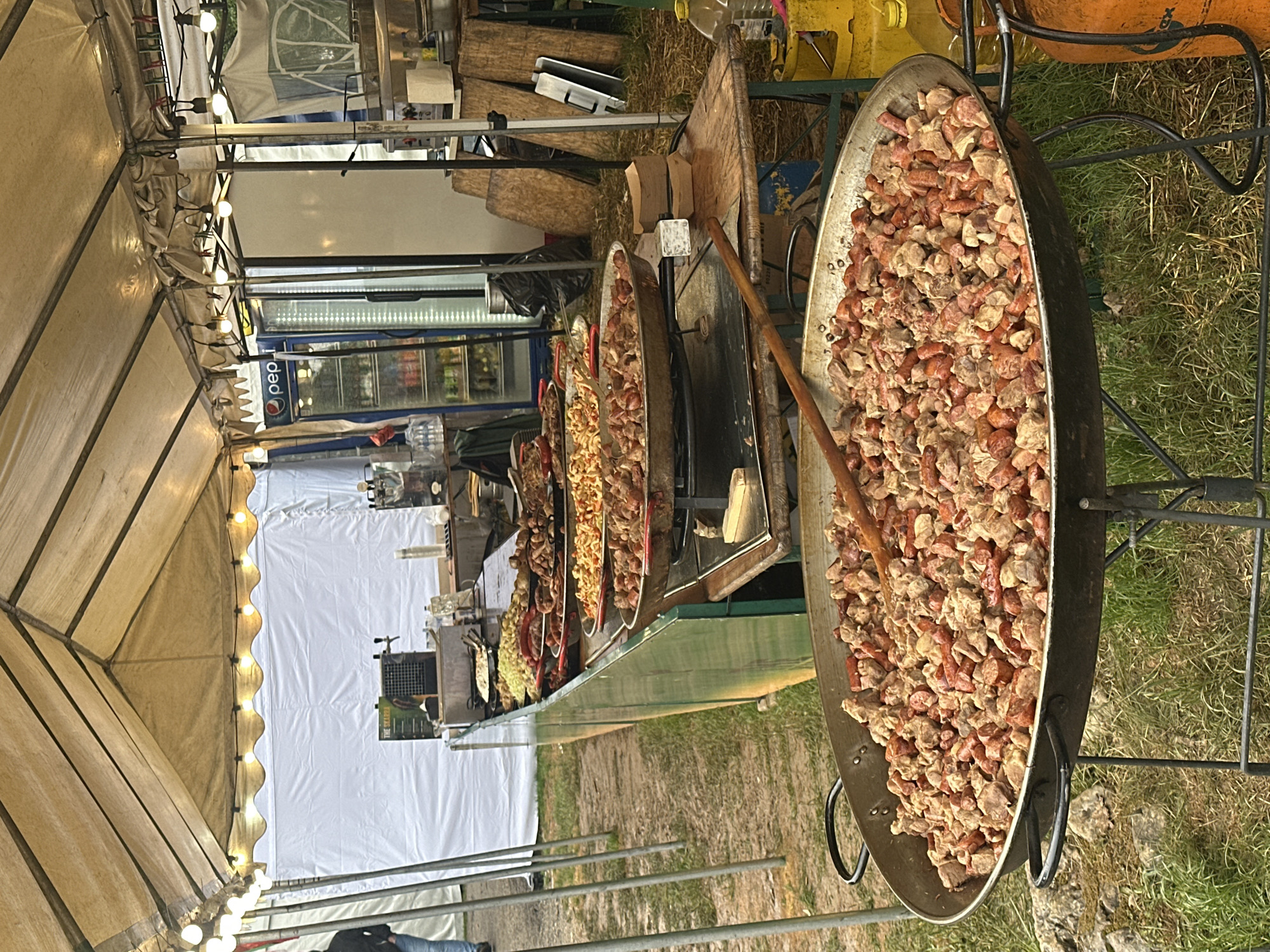 The image shows a food stall, likely at a fair or festival in Lyaskovets, Bulgaria. It features several large, oval-shaped pans filled with what appears to be cooked meat, possibly a stew or goulash. A large wooden spoon rests in the pan closest to the viewer. The pans are arranged on a green-topped counter. Behind the counter, there is a refrigerator with drinks, and a white tent provides cover. The ground is covered with grass. There are wooden logs stacked against the booth.