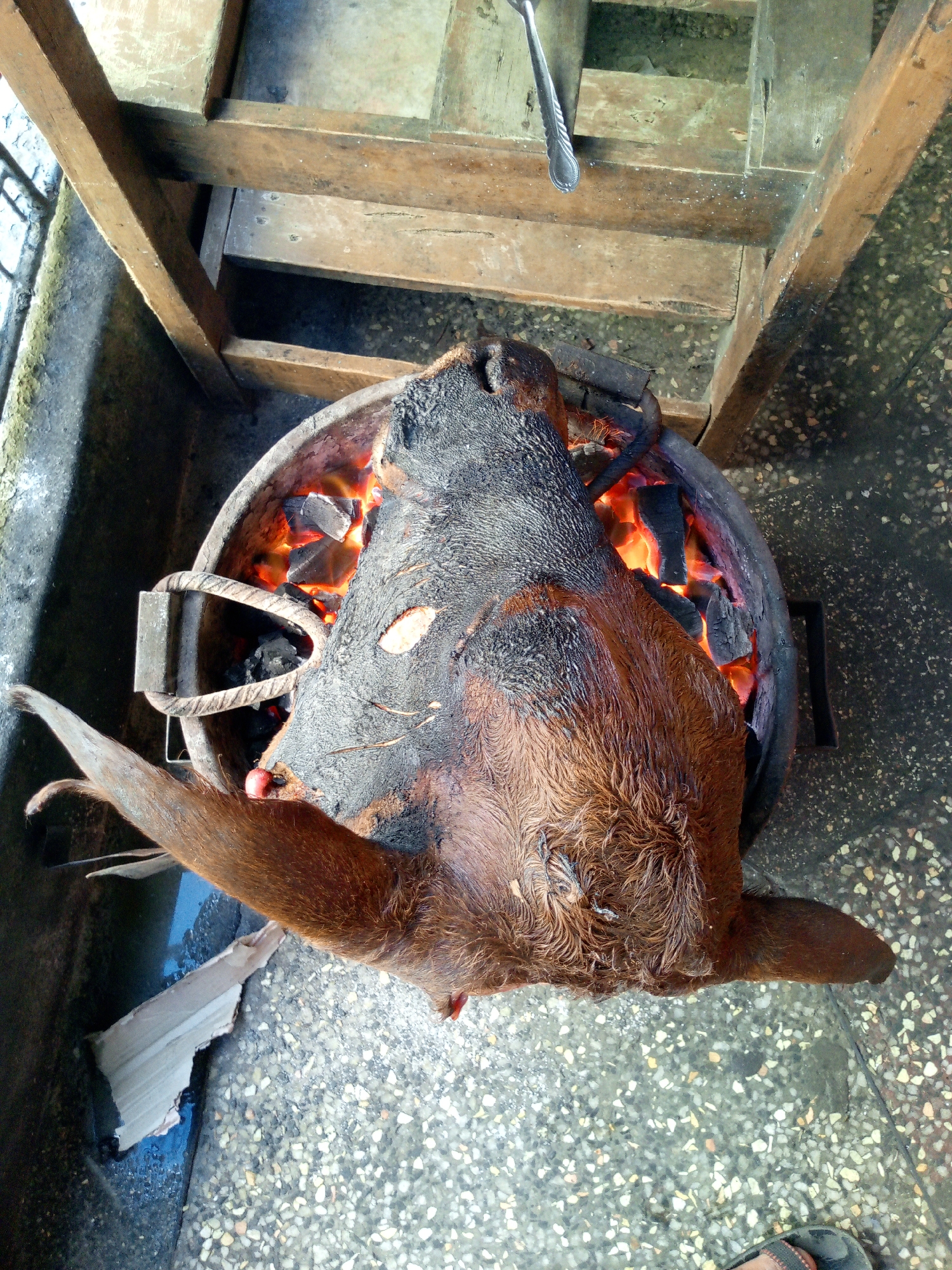 The image shows a charred animal head, likely a cow or goat, being singed over an open charcoal fire. The head rests within a metal container, likely an oil drum cut in half, filled with burning charcoal. The skin of the head is scorched and blackened, with visible areas of remaining fur. The head is positioned on a speckled, tiled surface, possibly a veranda or outdoor area. A wooden structure, perhaps a table or stand, is visible above the fire. A metal utensil, possibly a spoon, lies on the wooden structure. Part of a sandal-clad foot is visible in the lower right corner. Based on the roasting technique and the setting, the image is likely taken in Nairobi, Kenya, where open-fire roasting of meat is common.