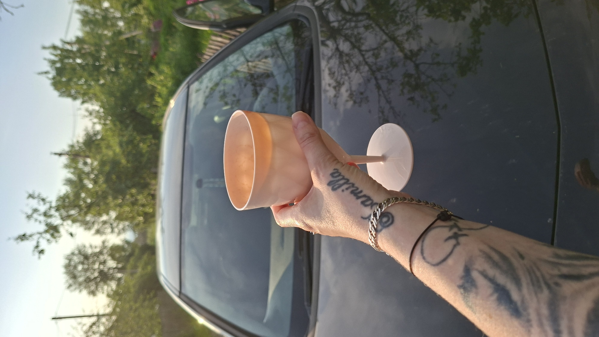 A close-up, outdoor, eye-level shot shows a person's tattooed arm holding a pale pink wine goblet. The goblet has a wide, shallow bowl and a thin stem, and it is positioned in front of a dark-colored car. The person's forearm is covered in a large, abstract tattoo in shades of blue and gray, and on their hand, the word "Camilla" is tattooed in a script font. A thin, silver chain bracelet is visible on the wrist. In the background, out-of-focus trees and a blue sky suggest a rural or suburban setting. The car's windshield is visible, reflecting the trees and sky. The setting is likely the Забалоцкі сельскі Савет in Belarus, indicated by the presence of a rural landscape and a car, which are common elements in such locations.