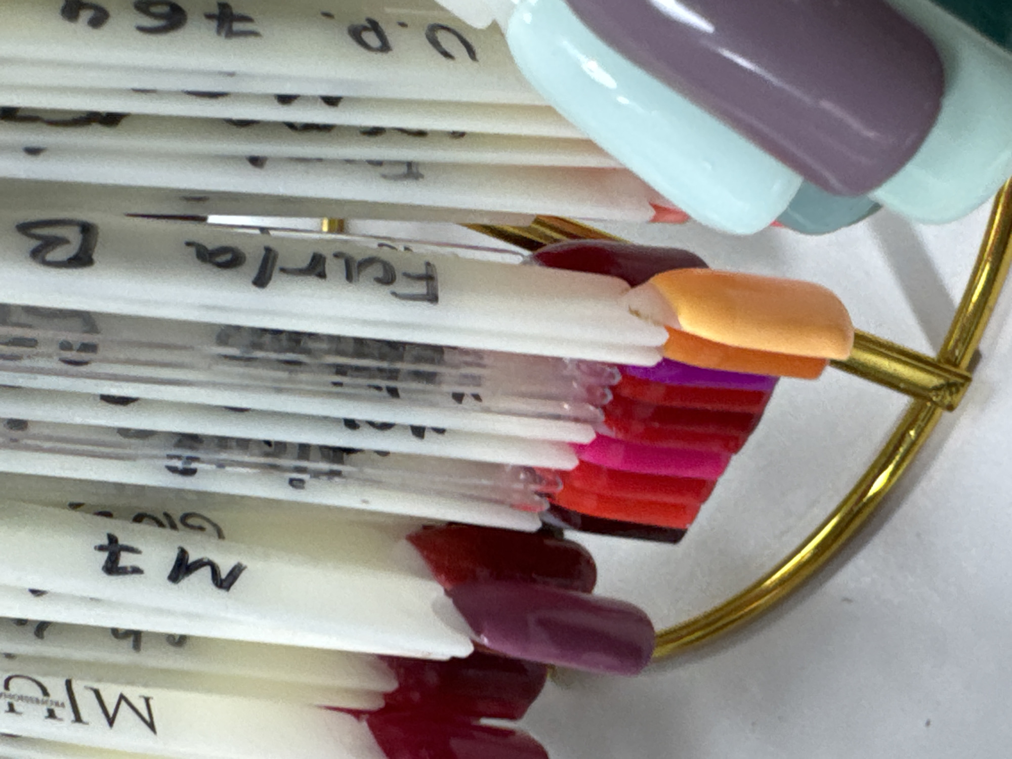 This is a close-up, eye-level shot of a collection of nail polish swatches displayed on a gold metal rack. The swatches are mostly white plastic sticks with painted tips, arranged vertically. Some of the sticks have handwritten labels. The painted tips range in color from deep red, burgundy, pink, orange, light blue, and a muted purple. The background is blurred and appears to be a white surface. There is no visible indication of the city of Budva, Montenegro, in the image. The focus is entirely on the nail polish swatches and their display.