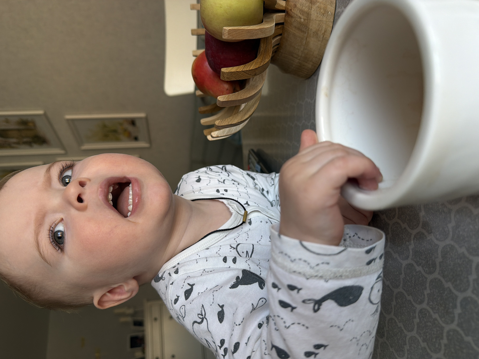 A close-up, medium shot depicts a fair-skinned baby in a white pajama top patterned with black whales and fish. The baby faces the viewer with their mouth open, revealing their teeth. The baby's left hand is holding the side of a large white bowl, which is positioned to the right of the frame. Above and slightly behind the baby, there is a wooden fruit bowl containing two apples, one red and one green. The background includes a gray patterned surface and blurred objects, possibly furniture and framed pictures, suggesting an indoor setting. There is no information from the image to confirm this scene to be in Votkinsk, Russia.
