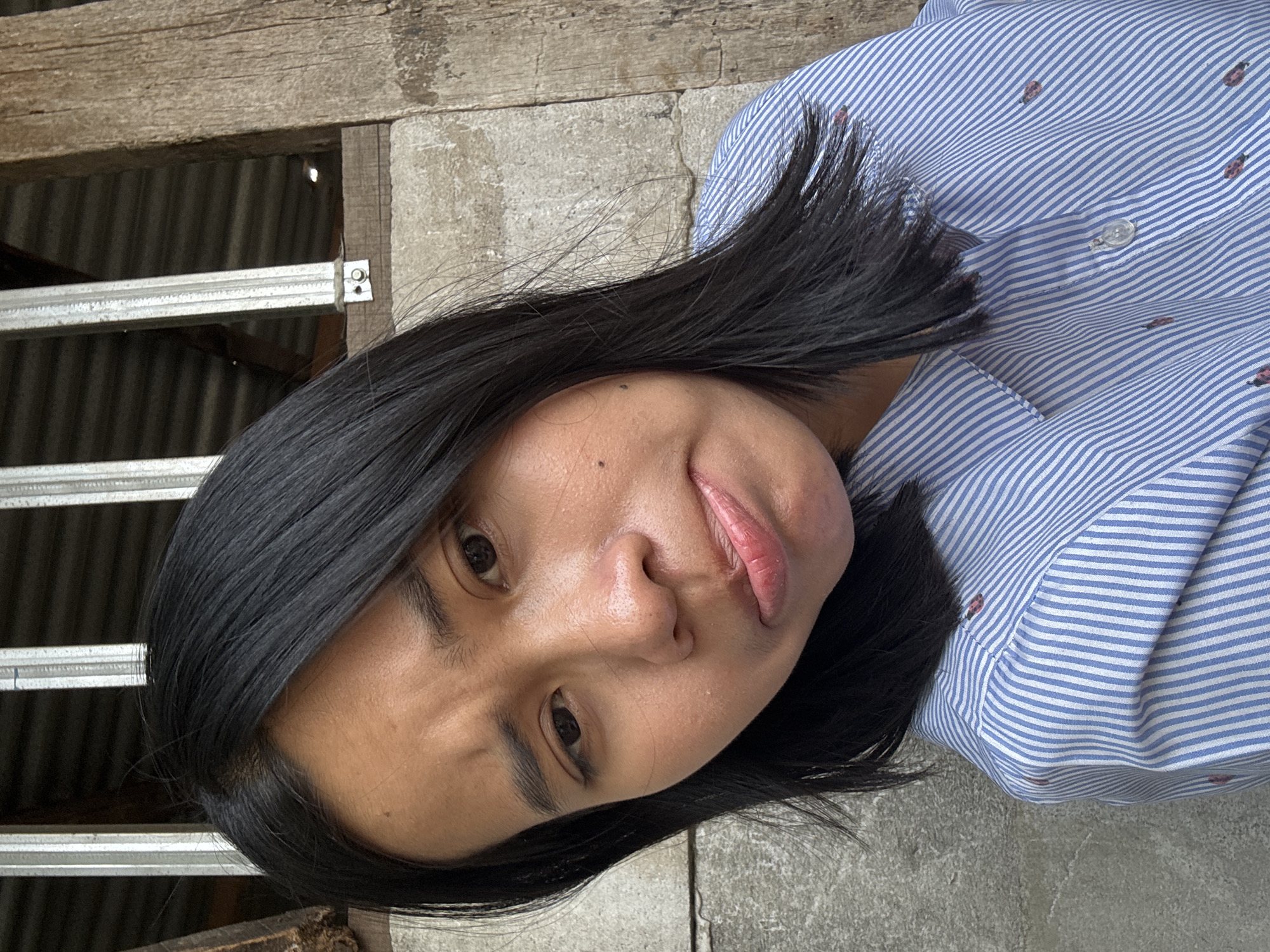 A close-up, head-and-shoulders selfie of a person with dark hair and a pensive expression. They are wearing a light blue and white striped collared shirt with small red ladybug-like motifs. The background consists of rough, textured concrete on the left and weathered wooden planks and corrugated metal sheeting on the right, suggesting an outdoor, possibly utilitarian setting. The lighting is natural and somewhat diffused. The image appears to be taken in a residential or informal area.