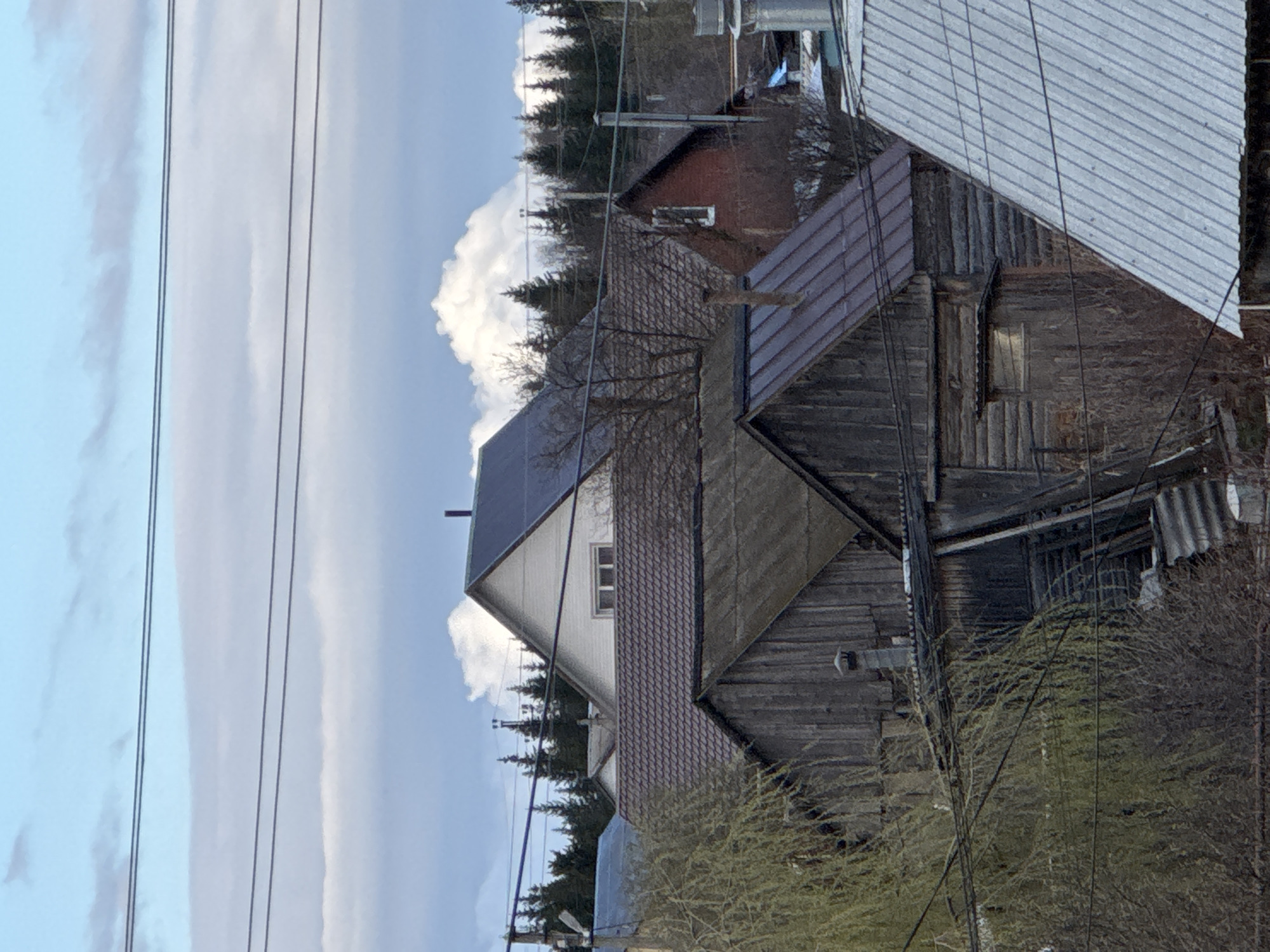 The image, rotated vertically, depicts a semi-rural or older residential area in Oktyabrsky, Russia, under a partly cloudy daytime sky. Several buildings with varied architectural styles and materials are visible.
In the mid-ground, a white-sided house with a dark, possibly solar-paneled roof features a rectangular window. Adjacent to it, an older, dark wooden building with a weathered, dark shingle-like roof and a small, dark window is prominent. Further right, partially seen, is another structure topped with a bright, corrugated metal roof. Numerous utility poles and dark power lines crisscross the scene, running across the sky and between the buildings.
The background features a line of dark evergreen trees along the horizon, with large, white cumulus clouds towering above. The sky is a mix of light blue and soft, streaky white clouds, indicating fair weather. In the foreground, particularly in the lower right, are leafless bushes or trees with sparse branches, partially obscuring the view of the older wooden buildings. The lighting suggests it is daytime, likely late morning or early afternoon. No people or visible text are present in the image.