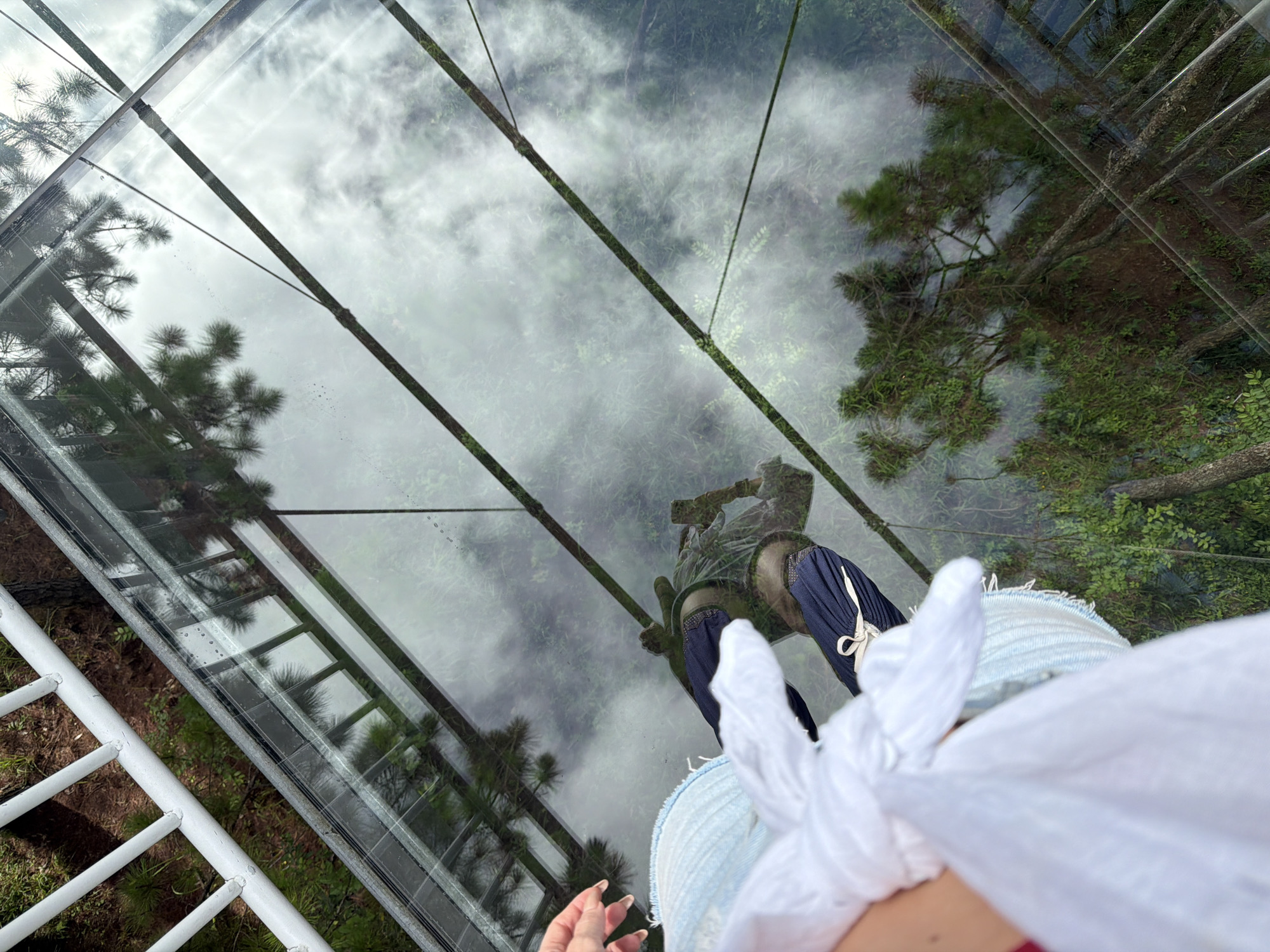 A person is standing on a transparent glass walkway, looking down at the forest below. The walkway is made of thick glass panels, supported by metal beams. The person is wearing a white shirt and blue shorts, with a white cloth bag tied around their waist. The forest below is lush and green, with tall trees and dense undergrowth. Clouds are visible in the sky, reflecting on the glass surface. The location appears to be a tourist attraction, likely in Da Lat, Vietnam, given the mention of Lam Vien. The image captures a sense of height and perspective, with the viewer's gaze drawn downwards into the natural landscape.