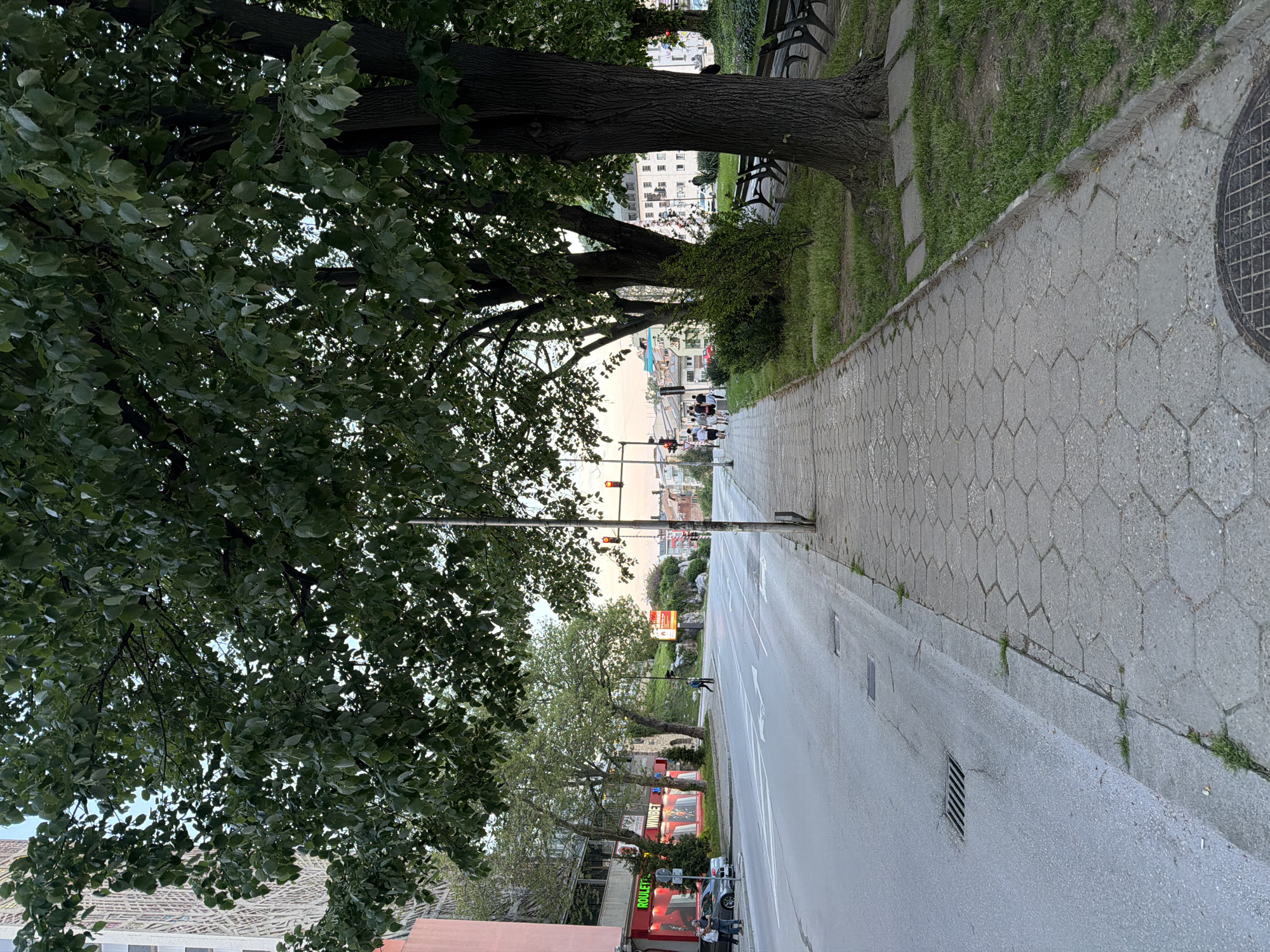 The image shows a street scene in Gabrovo, Bulgaria. A wide sidewalk paved with hexagonal concrete stones runs along the right side of the frame, bordered by a grassy area with trees providing shade. A paved area continues behind the trees, containing park benches. To the left of the sidewalk is a grey asphalt road. Across the road, there is a building with a red facade. Further up the street, in the distance, are other buildings and pedestrians. Traffic lights are visible at an intersection. The sky is overcast. There is a roulette gaming establishment along the street.