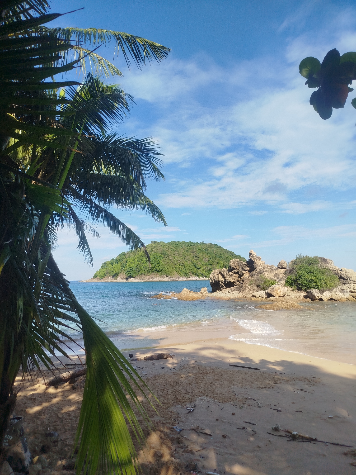 A beach scene in Rawai, Thailand, on a sunny day. The foreground is dominated by the fronds of a palm tree, casting shadows on the sandy beach. The sand is littered with small pieces of debris, including twigs and plastic. Gentle waves lap at the shore, and the clear turquoise water extends to a rocky outcrop in the middle ground. Beyond the rocks, a lush green island rises from the sea, its slopes covered in dense vegetation. The sky is a bright blue, dotted with fluffy white clouds.