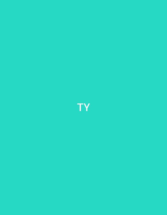 The image presents a solid, vibrant teal-colored background. Centered on this background, slightly below the vertical midpoint, are two capital letters "TY" rendered in a clean, white sans-serif typeface. There are no discernible people, objects, actions, or environmental details present in the image. The minimalist graphic design offers no visual cues, landmarks, or contextual elements to identify its location within the city of Casablanca, Morocco, or any other specific geographical area.