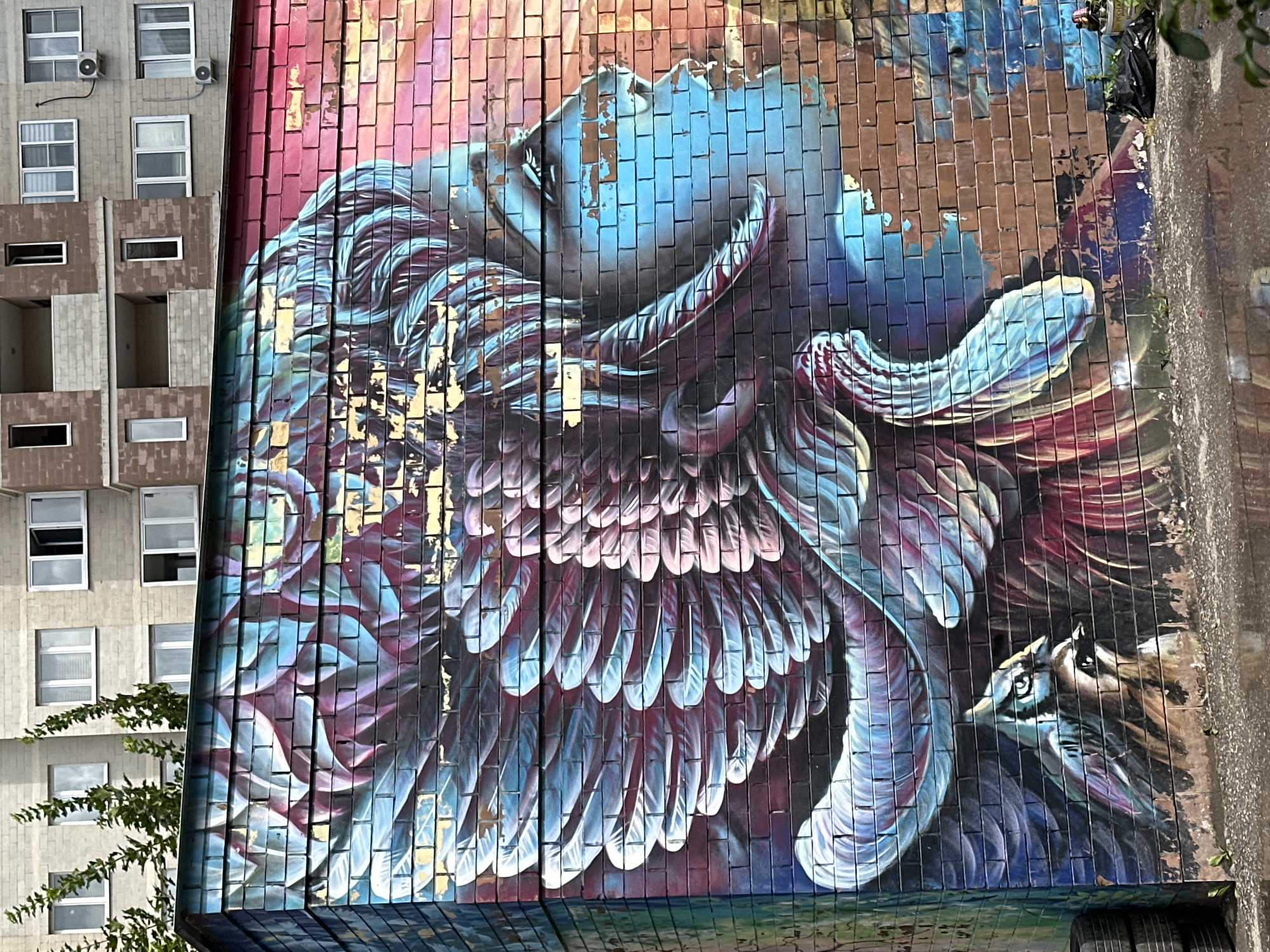 The image captures a vibrant mural painted on a brick wall in Podolsk, Russia. The mural depicts the profile of a woman's face adorned with large, feathered headdress that extends down her neck and shoulder. The headdress features a gradient of colors, ranging from deep blues and purples to vibrant pinks and yellows, with accents of gold leaf. The woman's face is painted in shades of blue, with subtle shading that gives it a three-dimensional appearance. Her eyes are closed, and her lips are slightly parted.
Below the woman's headdress, two small birds are painted. The bird on the left is looking directly at the viewer, with its head cocked to the side. The bird on the right is looking down, with its beak slightly open. Both birds are rendered in shades of blue and brown, with sharp, observant eyes.
The brick wall itself shows signs of wear and tear, with some areas of paint peeling and the underlying brick exposed. In the lower right corner of the image, a black trash bag and a green bucket are visible on the ground. In the background, a multi-story apartment building can be seen, with windows and balconies. Green foliage is visible in front of the building and peeking over the top of the brick wall. The ground in front of the mural appears to be wet, with reflections visible. The overall scene suggests an urban environment where street art adorns the otherwise utilitarian architecture of residential buildings.