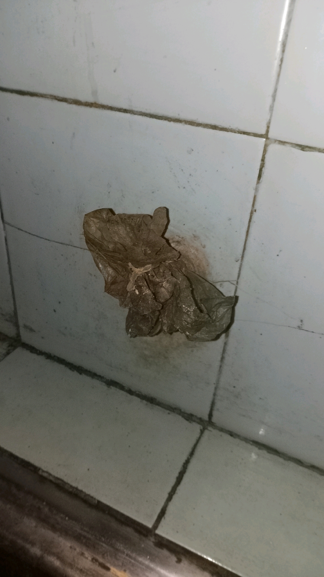 A crumpled brown paper bag is attached to a tiled wall with some sort of adhesive. The tiles are white and appear to be in a bathroom or kitchen. The paper bag has some dark staining on it. There is a thin, dark line that runs horizontally across the image, dividing the frame into two sections. The bottom section of the image is out of focus and appears to be a darker surface, possibly a countertop or floor. The scene is lit from above, casting shadows on the wall and paper bag.