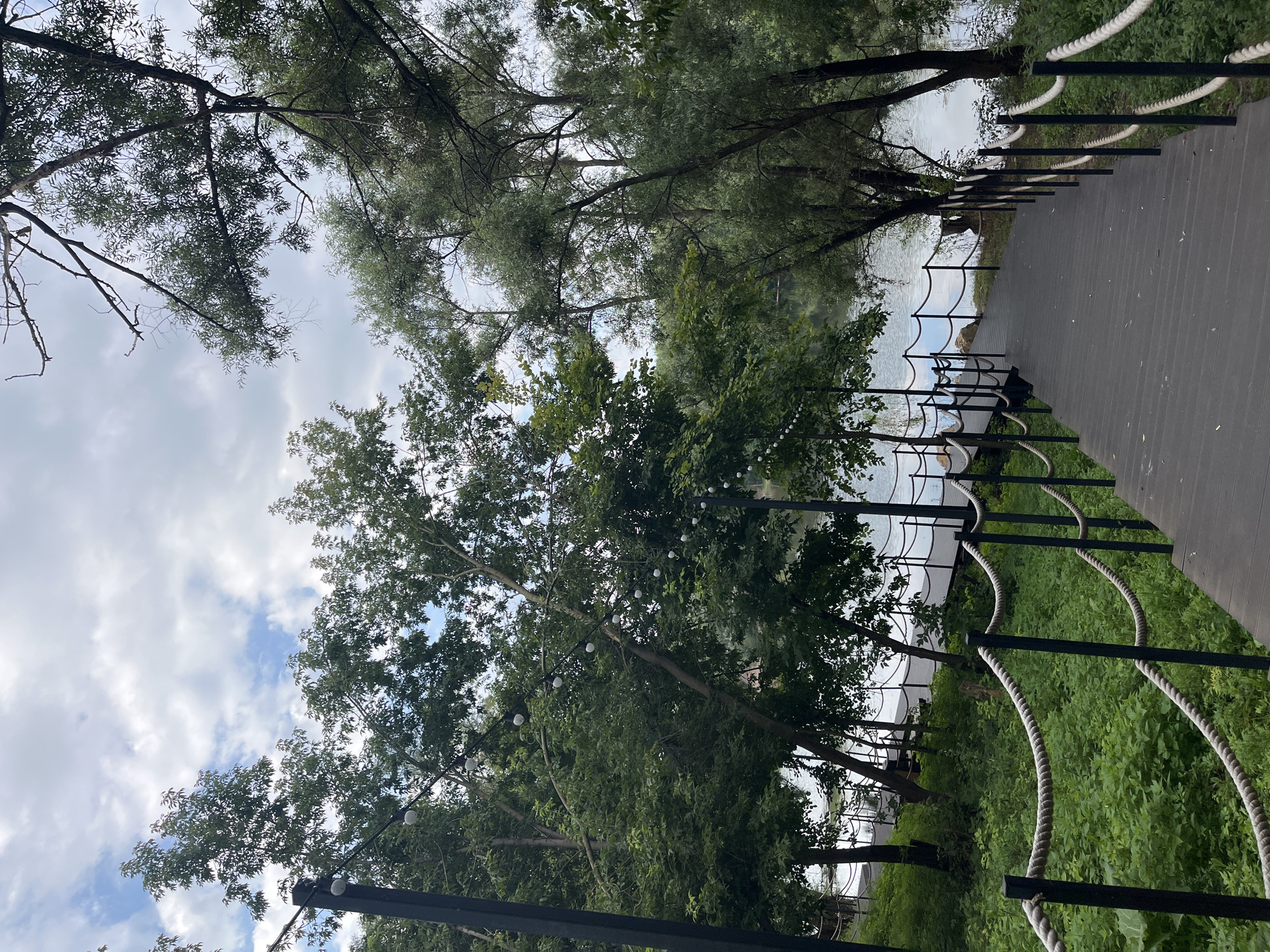 The image shows a wooden walkway leading down towards a body of water, likely a river or lake, surrounded by lush green trees and vegetation. The walkway is lined with black posts and thick rope railings. String lights with white spherical bulbs are visible in the trees on the left side of the walkway. The sky is overcast with clouds. The scene appears to be a park or recreational area, possibly a waterfront park in the city of Blagoveshchensk, Russia, given the context of the provided prompt. There are no people visible in the image.