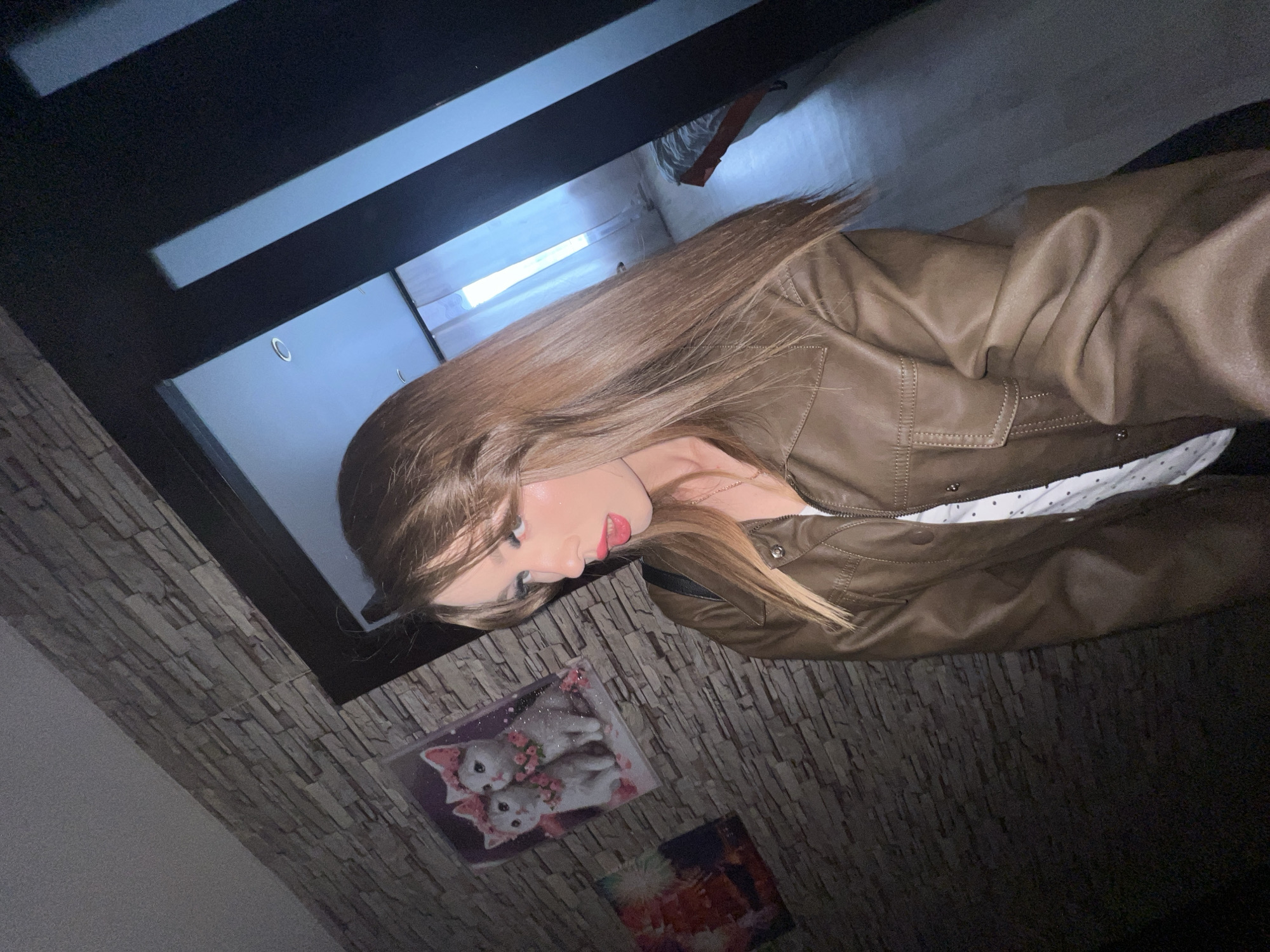 A young woman with long, straight brown hair and red lipstick is posing indoors. She is wearing a brown leather jacket over a white polka-dot shirt. The room has a textured, possibly brick, wall, and what appears to be a dark-colored ceiling with embedded lights. On the wall, below the woman, are two decorative images, one depicting two cats and another with a floral or abstract design. The location is potentially in an interior space located within Noviy, Russia.