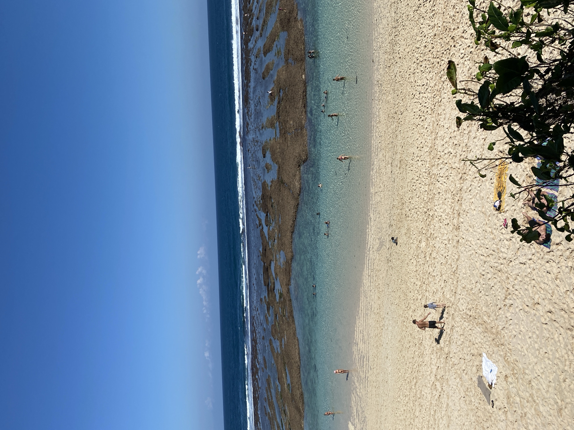 The image depicts a coastal scene in Kuta Selatan, Indonesia, featuring a sandy beach, shallow turquoise waters, and the ocean beyond. The sky is clear and blue. In the shallow water, several people are visible swimming and wading. On the sandy beach, a man and a child are standing, and further back, another person is lying on a towel. In the foreground, lush green foliage partially obscures the view of the beach. The water exhibits distinct patterns from submerged coral or rock formations.