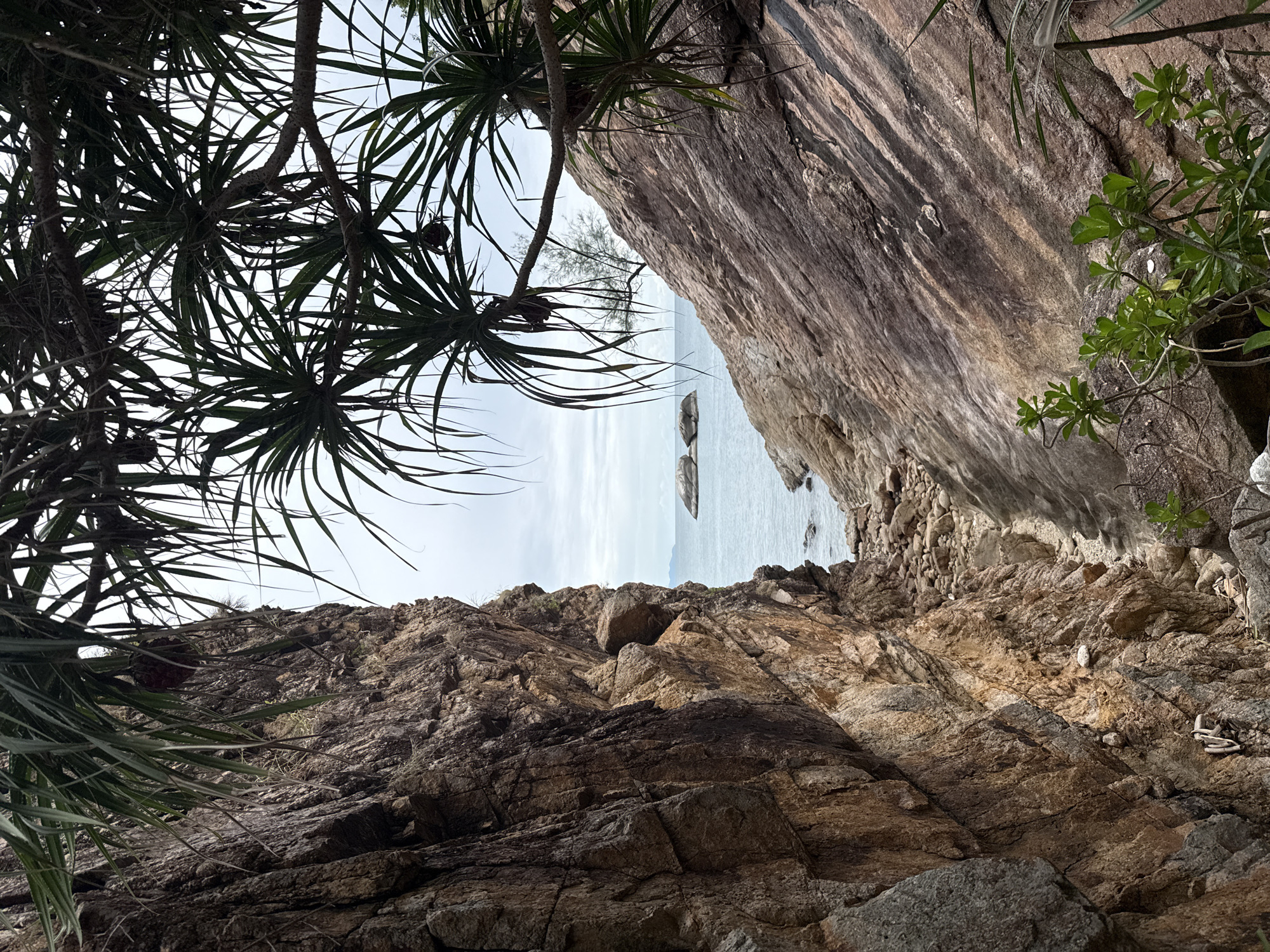 The image depicts a narrow passage between two rocky cliffs leading to a calm sea under an overcast sky. Lush green foliage, characteristic of tropical vegetation, hangs over the rocks and frames the view. The rocks themselves are textured and varied in color, showing shades of brown, orange, and gray. In the distance, two small rocky islets rise from the water. The foreground shows a rocky path with scattered stones and some small green plants. The scene is likely located in a natural coastal area of Koh Phangan, Thailand, possibly a secluded beach or cove.