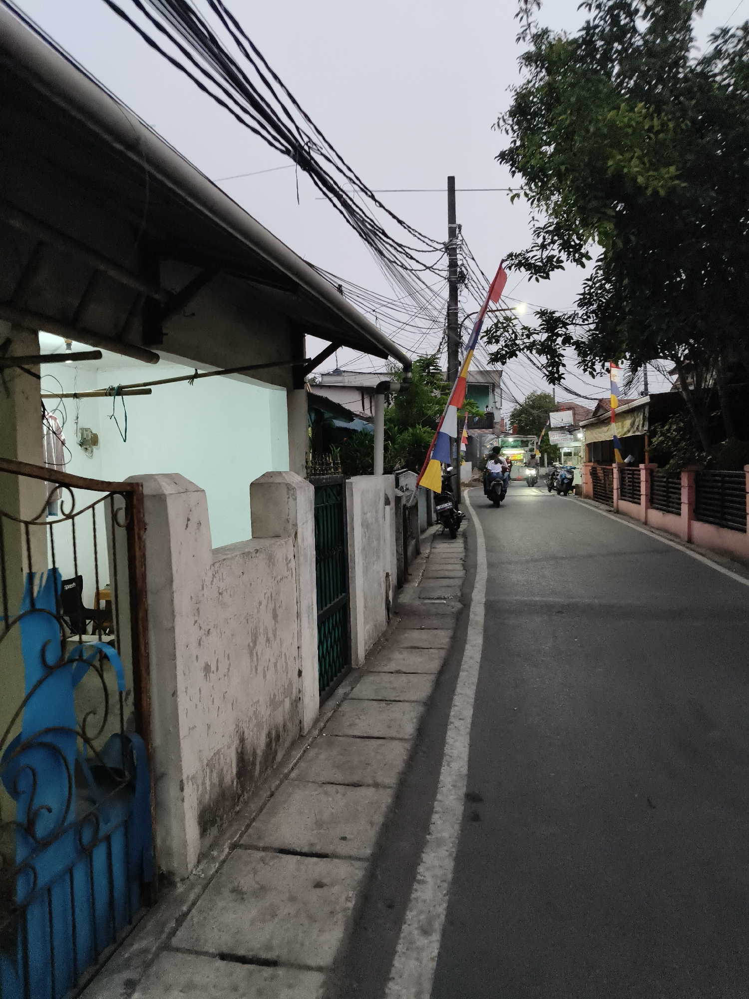The image captures a street scene in South Tangerang, Indonesia, at dusk. A narrow asphalt road runs from the foreground into the distance, bordered by a concrete sidewalk on the left and a pink fence with wooden slats on the right. A dense network of overhead electrical wires crisscrosses the sky, supported by utility poles.
On the left side of the street, a pale green wall with a textured, aged concrete fence in front of it is visible. A blue metal gate with decorative scrollwork stands slightly ajar. Beyond the fence, parts of a building with a dark corrugated roof are discernible.
Several motorcycles are present on the road. One motorcycle with a rider is in the mid-ground, moving away from the viewer. Further down the street, more motorcycles and riders are visible, some appearing to be parked or moving slowly.
The scene is decorated with numerous Indonesian flags, consisting of red and white stripes, strung along poles and hanging from wires, suggesting a celebration or national event. Trees with lush green foliage are present on the right side of the street, casting shadows on the road.
The overall atmosphere is subdued, with the fading light indicating the transition from day to night. The environment appears to be a residential or mixed-use area typical of urban settings in Indonesia.
