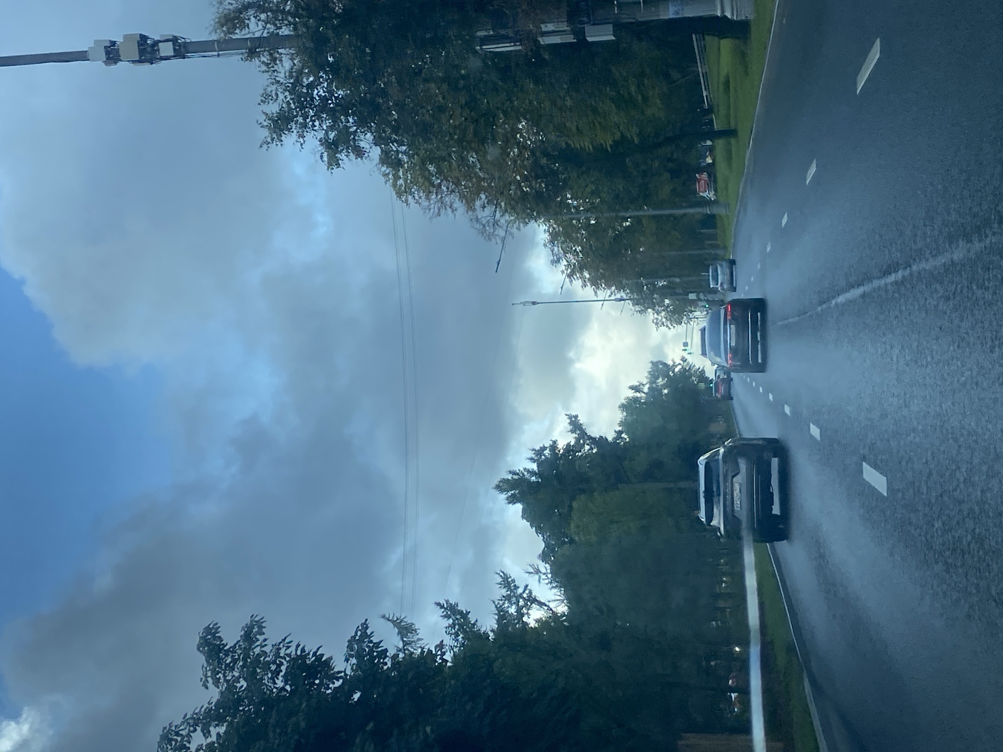 The image shows a view from inside a vehicle driving on a wet asphalt road in an urban environment under a cloudy sky. Several cars are visible on the road, including a dark SUV in the foreground and a dark sedan further ahead. Trees line both sides of the road, and some buildings and a cell tower are visible in the background. The road has white lane markings.