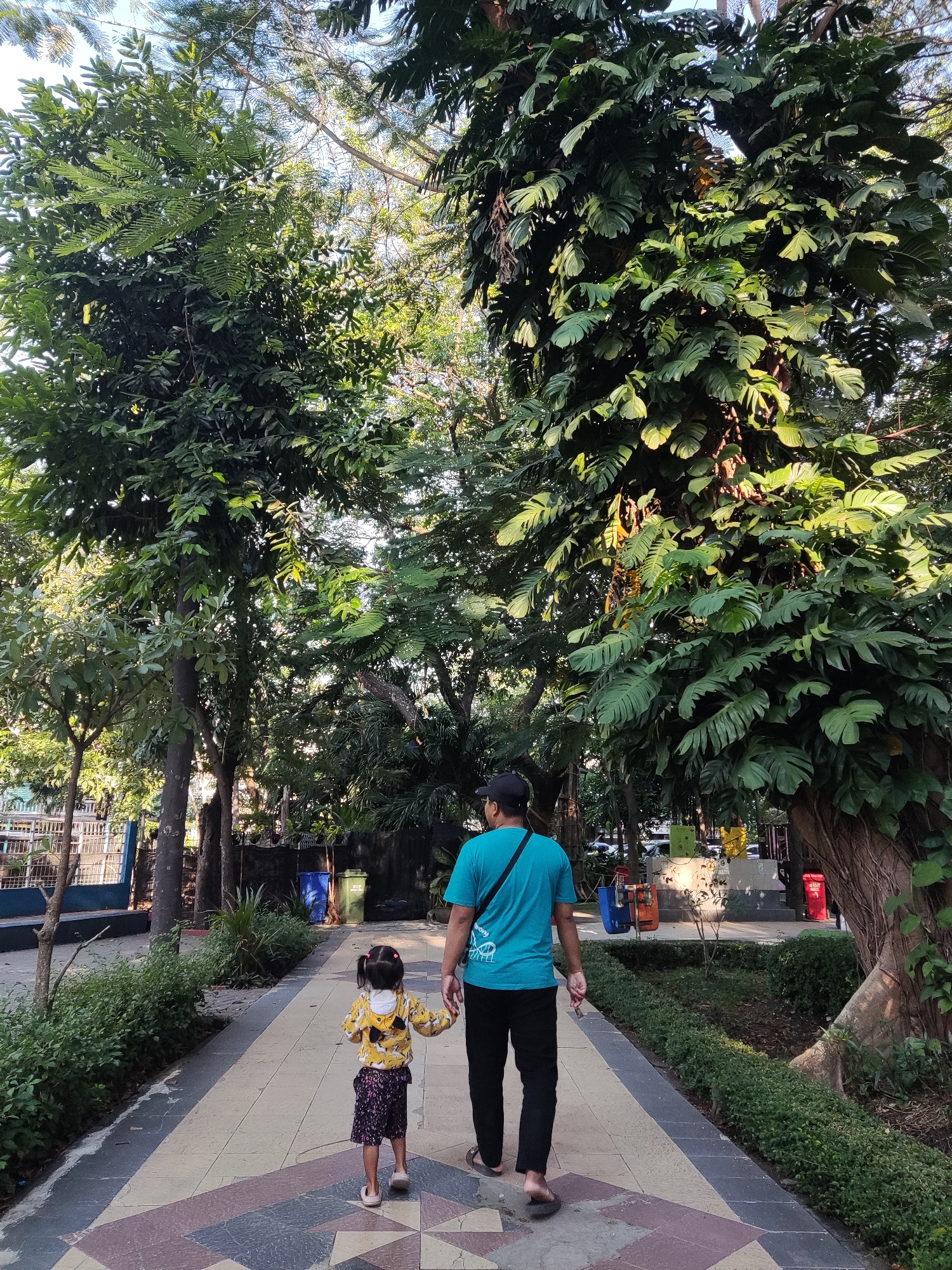 In Surabaya, Indonesia, a man wearing a teal t-shirt and black pants walks along a paved pathway. He is holding the hand of a young child dressed in a yellow jacket with a playful print and a dark patterned skirt. They are walking away from the camera, towards a dense area of lush green trees that form the backdrop of the scene. The pathway is bordered by manicured bushes on one side and a large tree with visible roots on the other. In the background, there are glimpses of urban elements, including blue and red trash bins and fencing. The light suggests it is daytime, with sunlight filtering through the leaves.