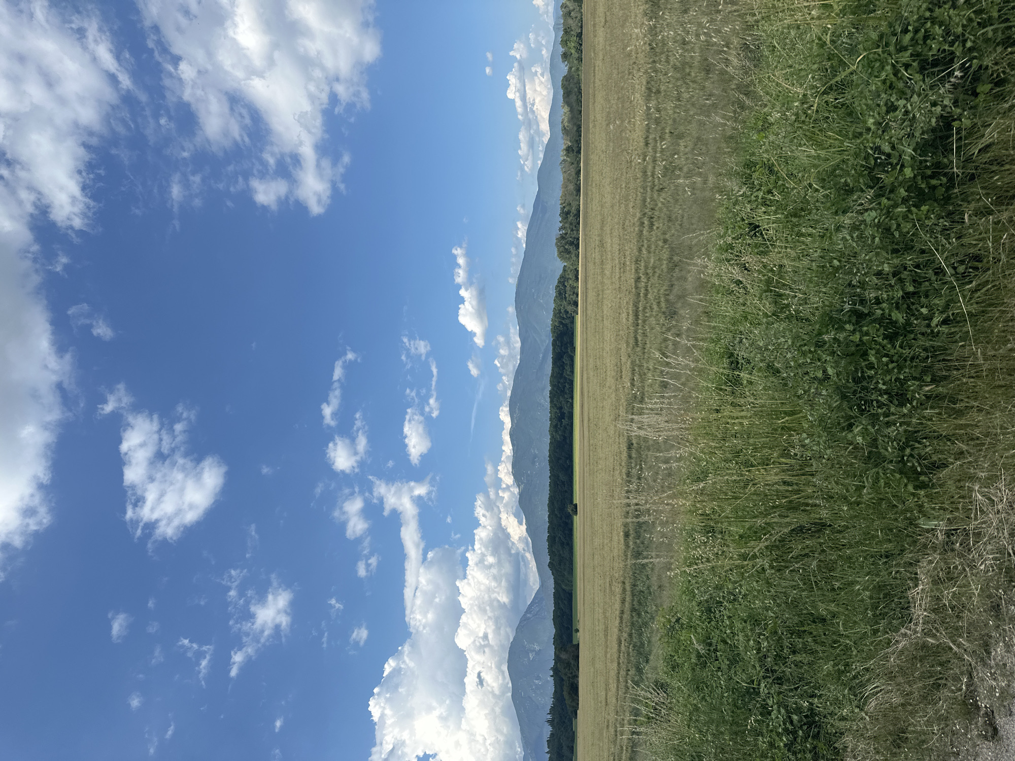 This media file depicts a landscape scene in Tulovo, Bulgaria. The image is oriented vertically, showing a clear blue sky with scattered white cumulus clouds in the left portion. The right side of the image features a long, narrow field of dry, golden grass or hay, stretching towards a line of dark green trees. Beyond the trees, a range of mountains is visible, with some peaks appearing misty and receding into the distance. The overall impression is of a warm, sunny day, likely in late summer or early autumn, given the dry appearance of the field. The scene is peaceful and natural, with no people or man-made objects prominently featured, except possibly a dark, indistinct shape in the field that could be equipment. The lighting suggests it is daytime, with the sun illuminating the sky and landscape. There is no visible text within the image.